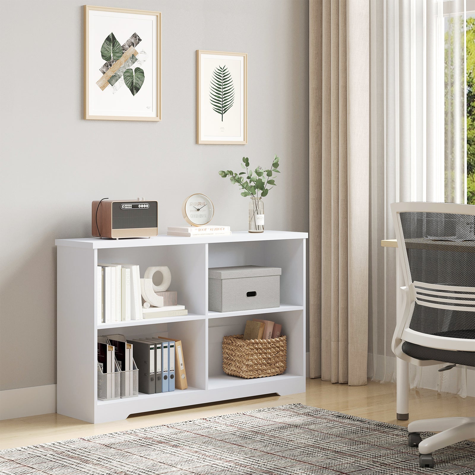 Simple Modern 4 Compartment Low Bookcase With Shelves