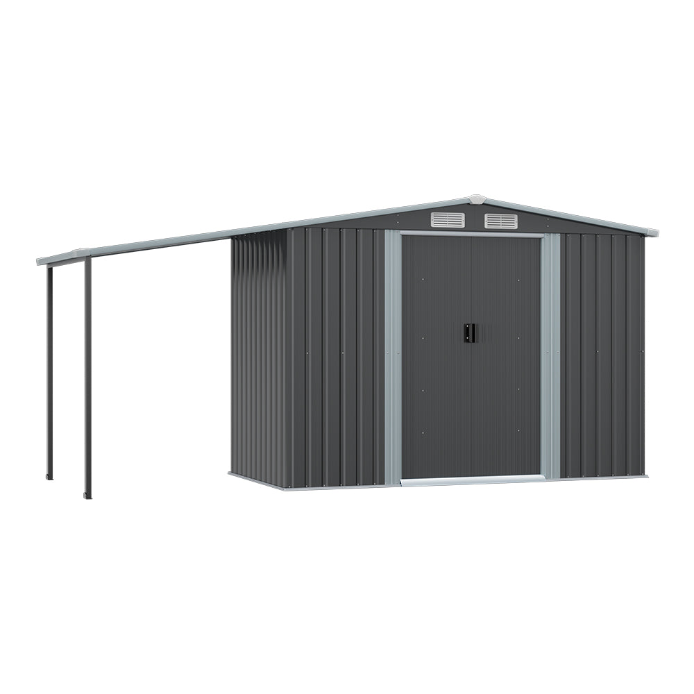 4 x 8 ft Outdoor Metal Storage Shed with Extended Roof, Sliding Doors, including Shelves &  Hooks, Garden Tool Shed