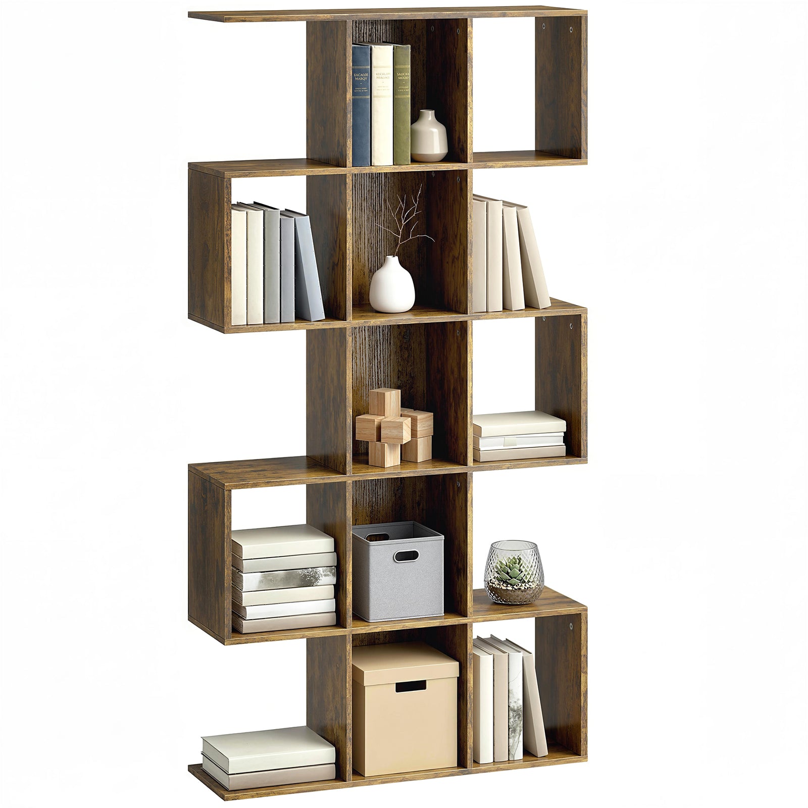 Geometric Bookshelf, 5-tier S Shaped Bookcase | Rustic Brown