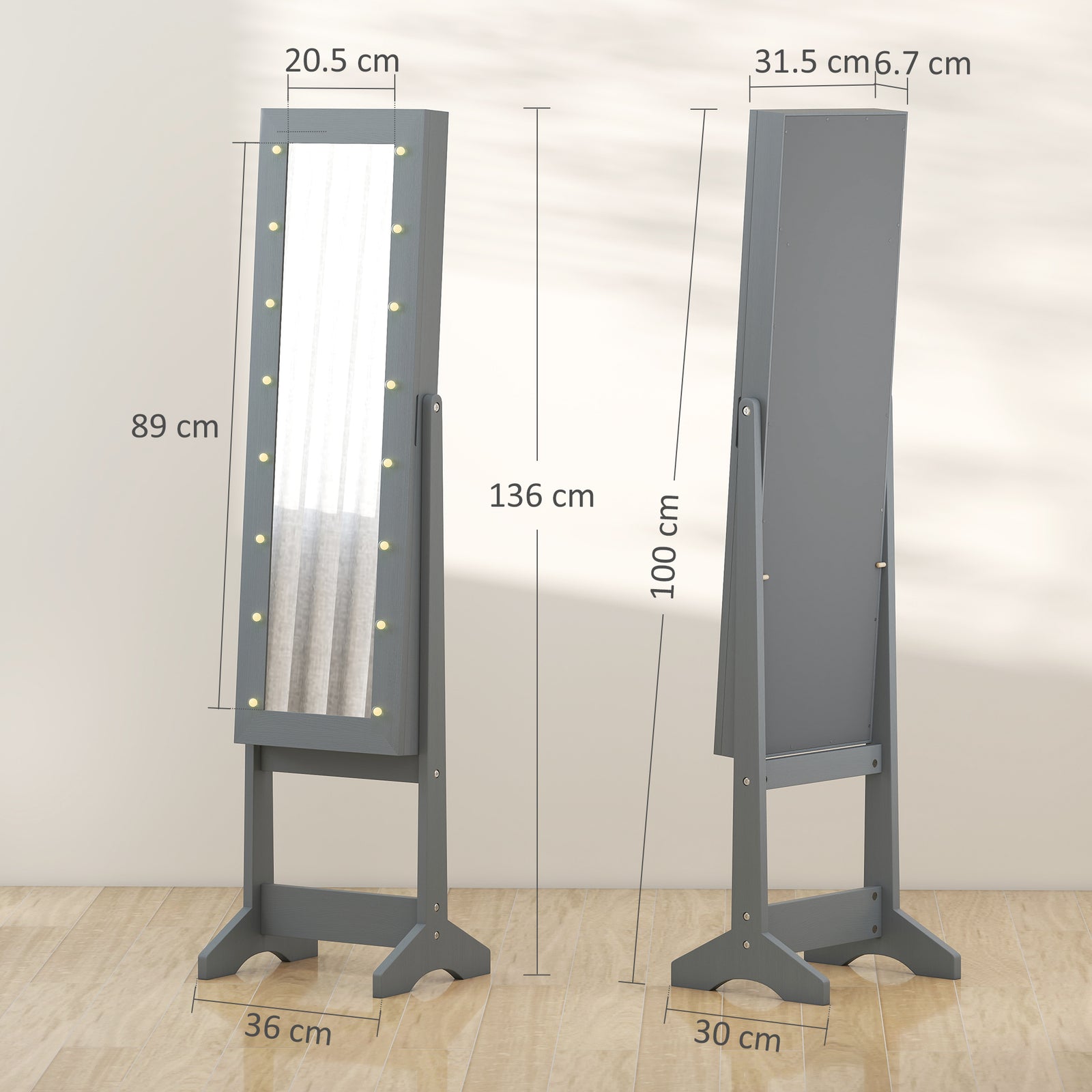 Freestanding Mirror Jewelry Cabinet With Led Lights | Grey