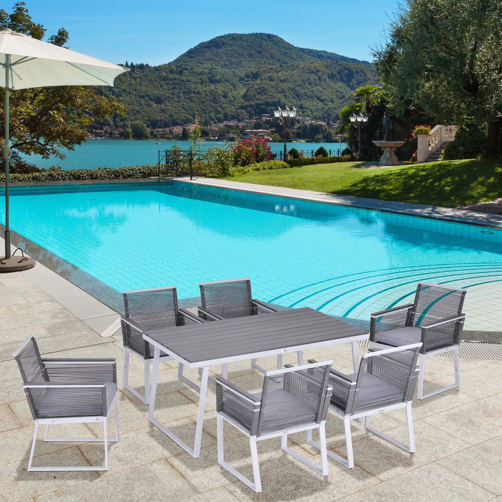 Outsunny 7 Pcs Dining Set With 6 Pe Rattan Chairs & 1 Rectangle Table