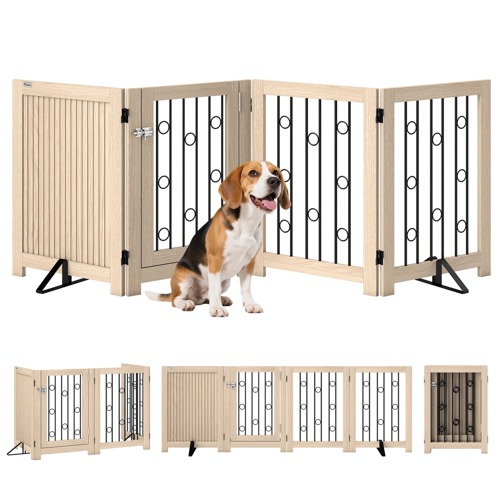 4 Panel Freestanding Pet Gate Foldable With Door For Stairs, Doorway
