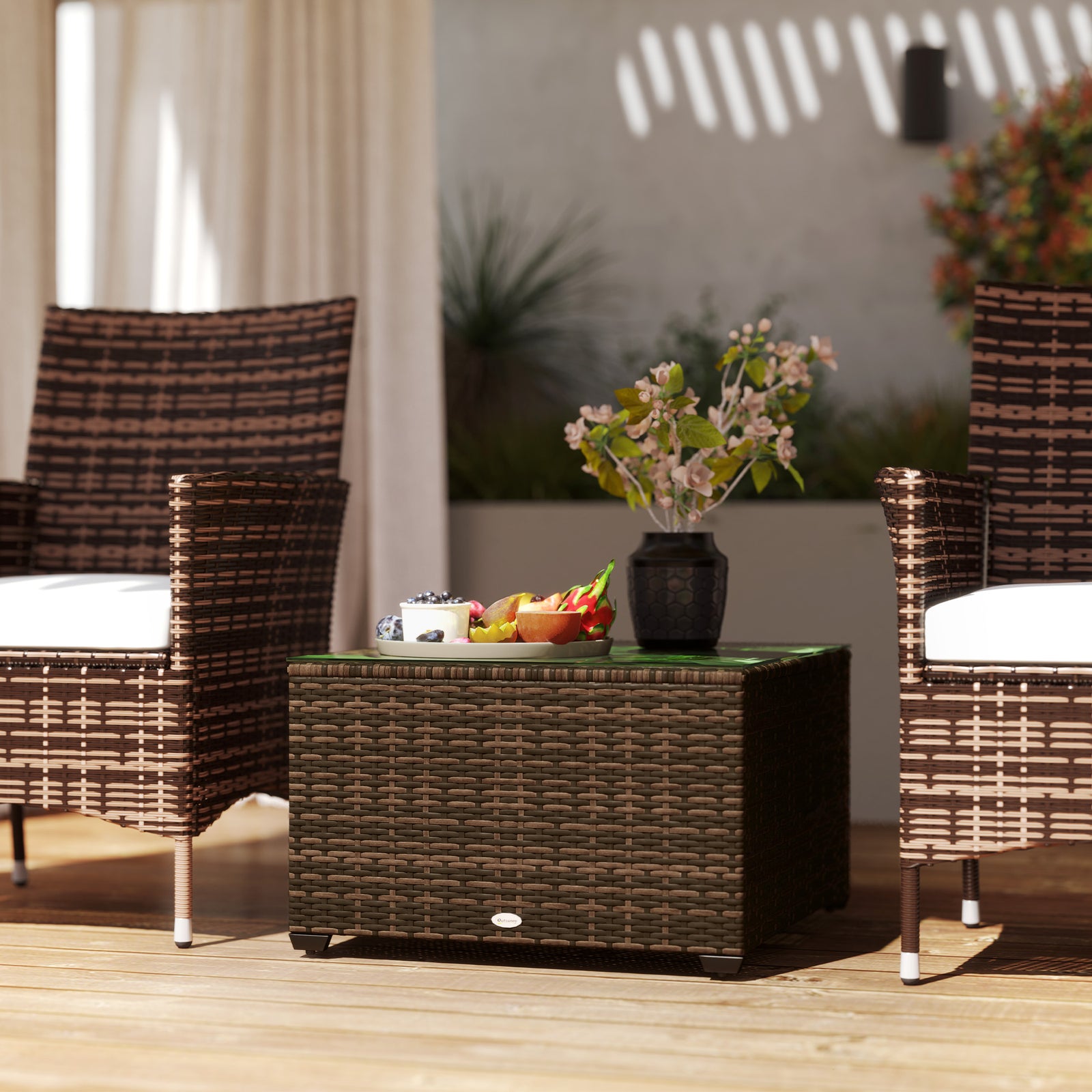 Outdoor Coffee Table W/ Glass Top, Rattan Side Table | Brown