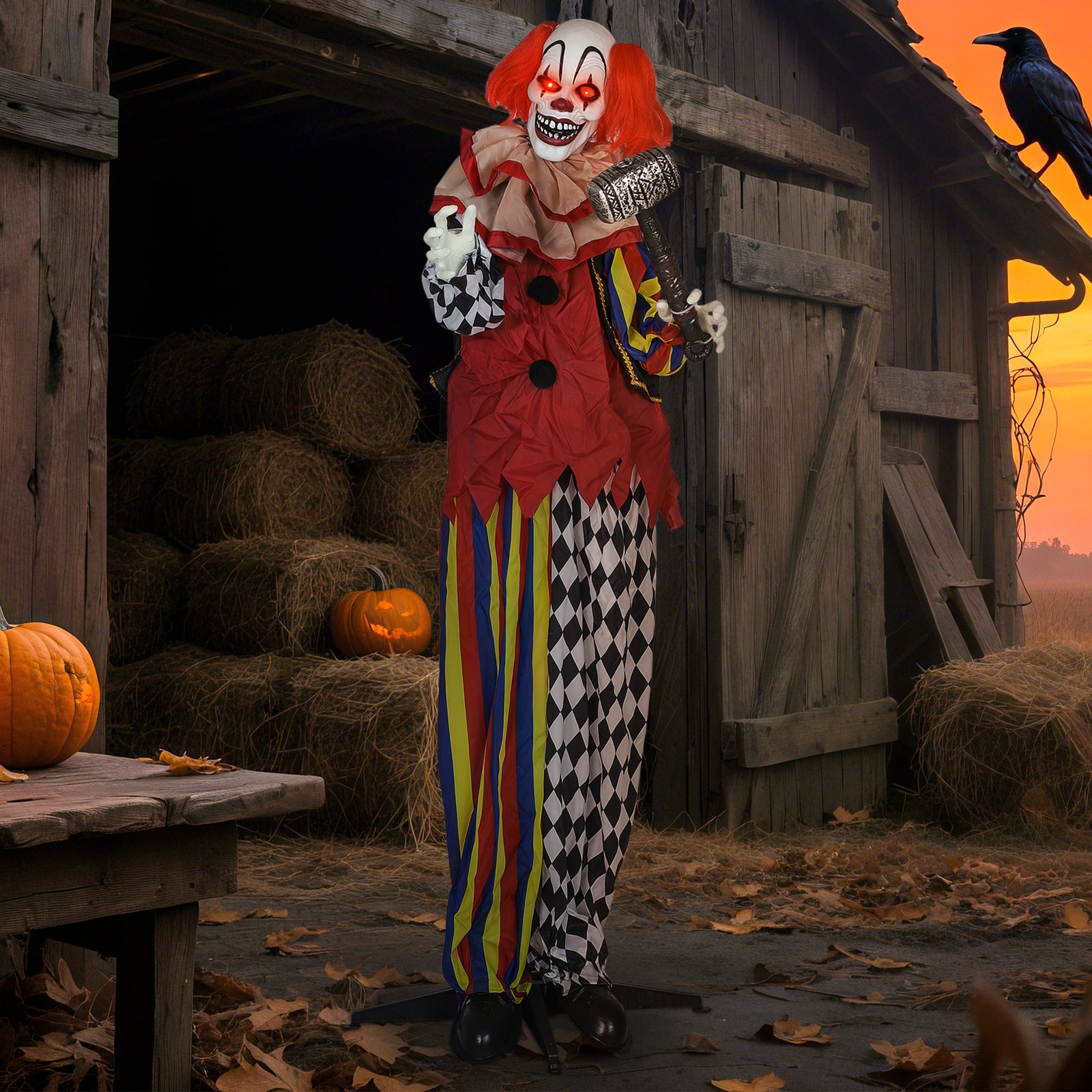 Sound Activated Halloween Animatronics Clown With Red Light Up Eyes