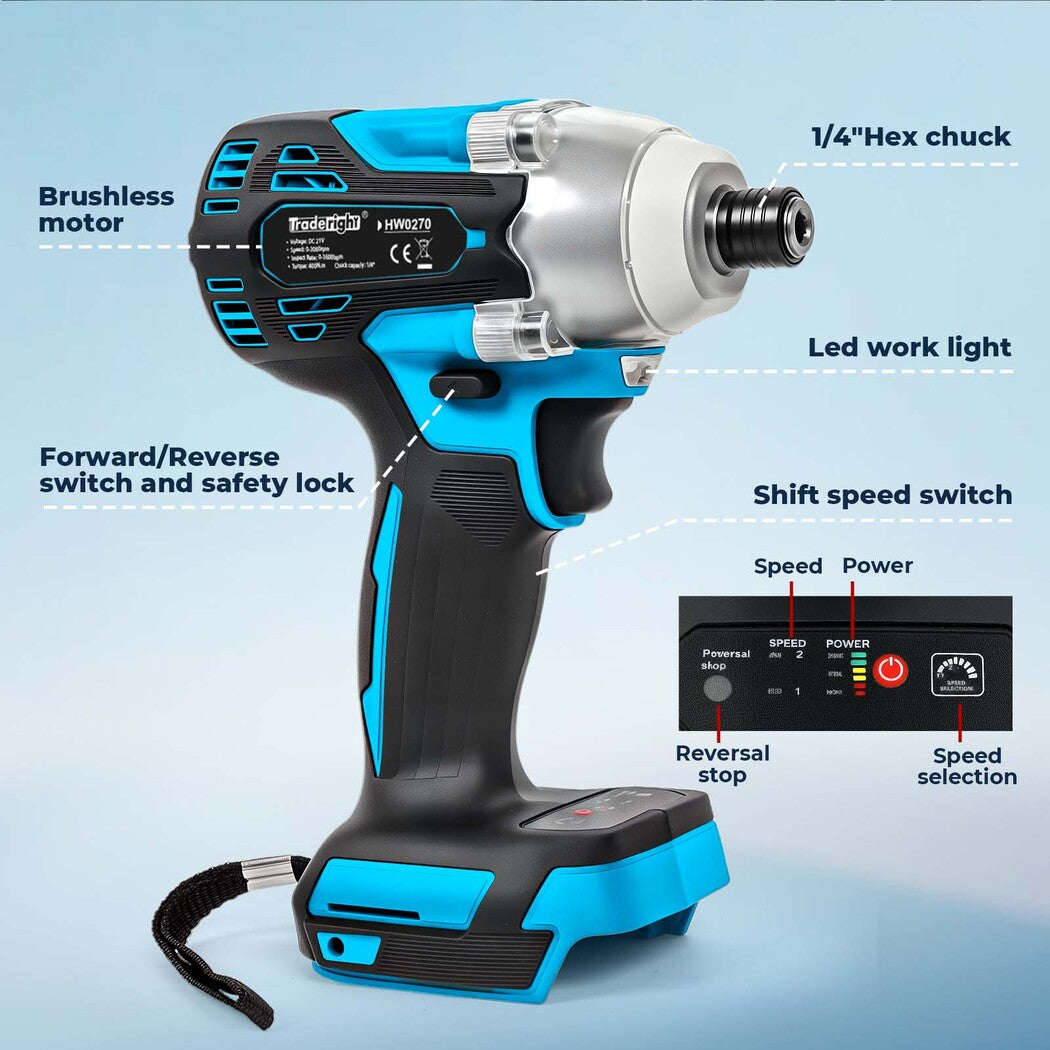 21v Cordless Brushless Impact Driver 2 Battery 1/4" Electric Wrench | Blue