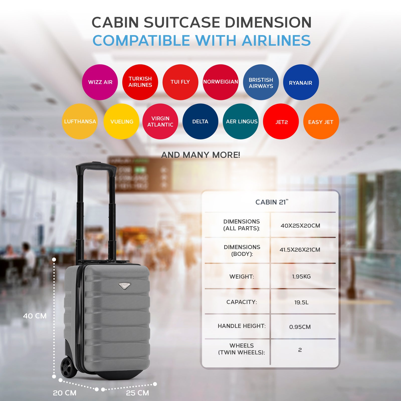 40x20x25cm Hard Case Cabin Suitcase Ryanair Free Approved Carry On | Cabin | Grey