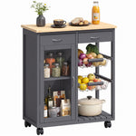 HOMCOM Bamboo Kitchen Island With Glass Door, 2 Metal Wire Baskets, Grey