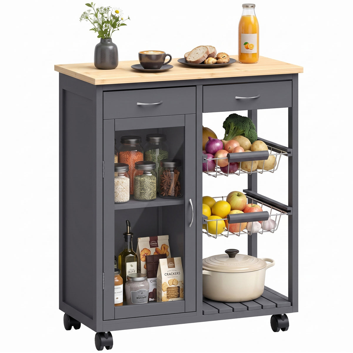 HOMCOM Bamboo Kitchen Island With Glass Door, 2 Metal Wire Baskets, Grey