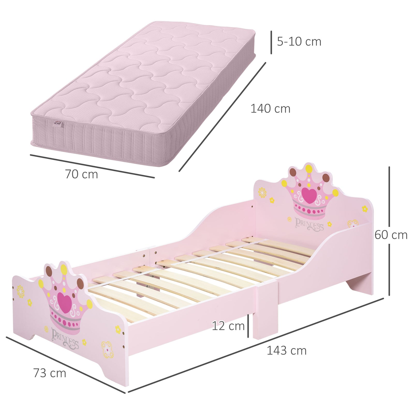 Kids Wooden Princess Crown & Flower Single Bed With Safety Side Rails Slats Pink