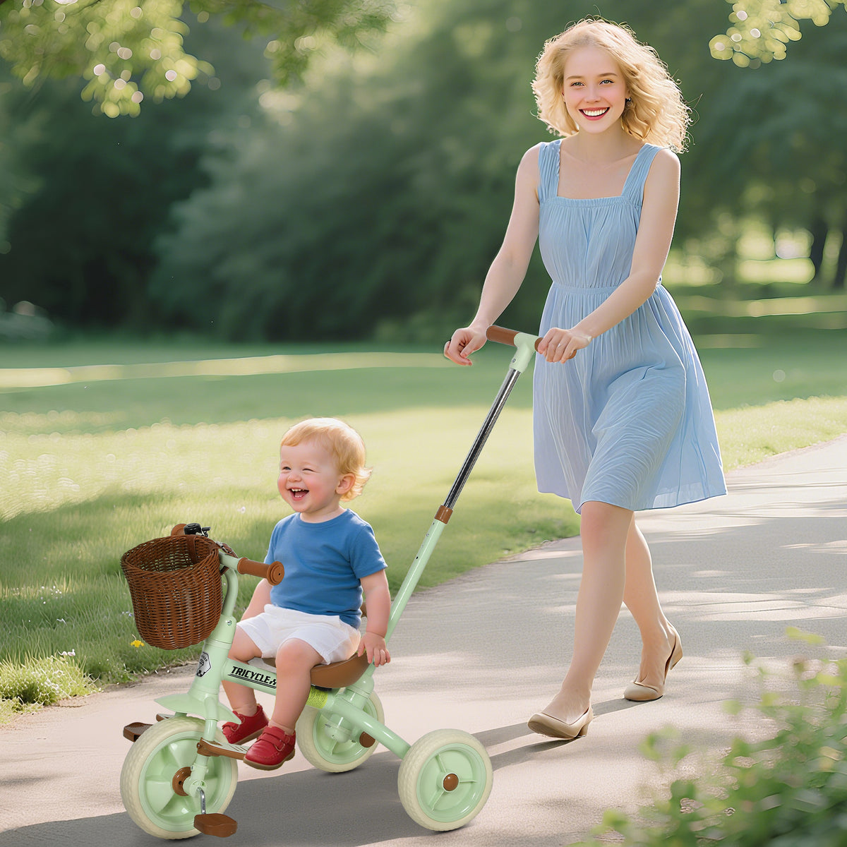 AIYAPLAY Toddler Trike With Adjustable Parent Handle Basket For Kids