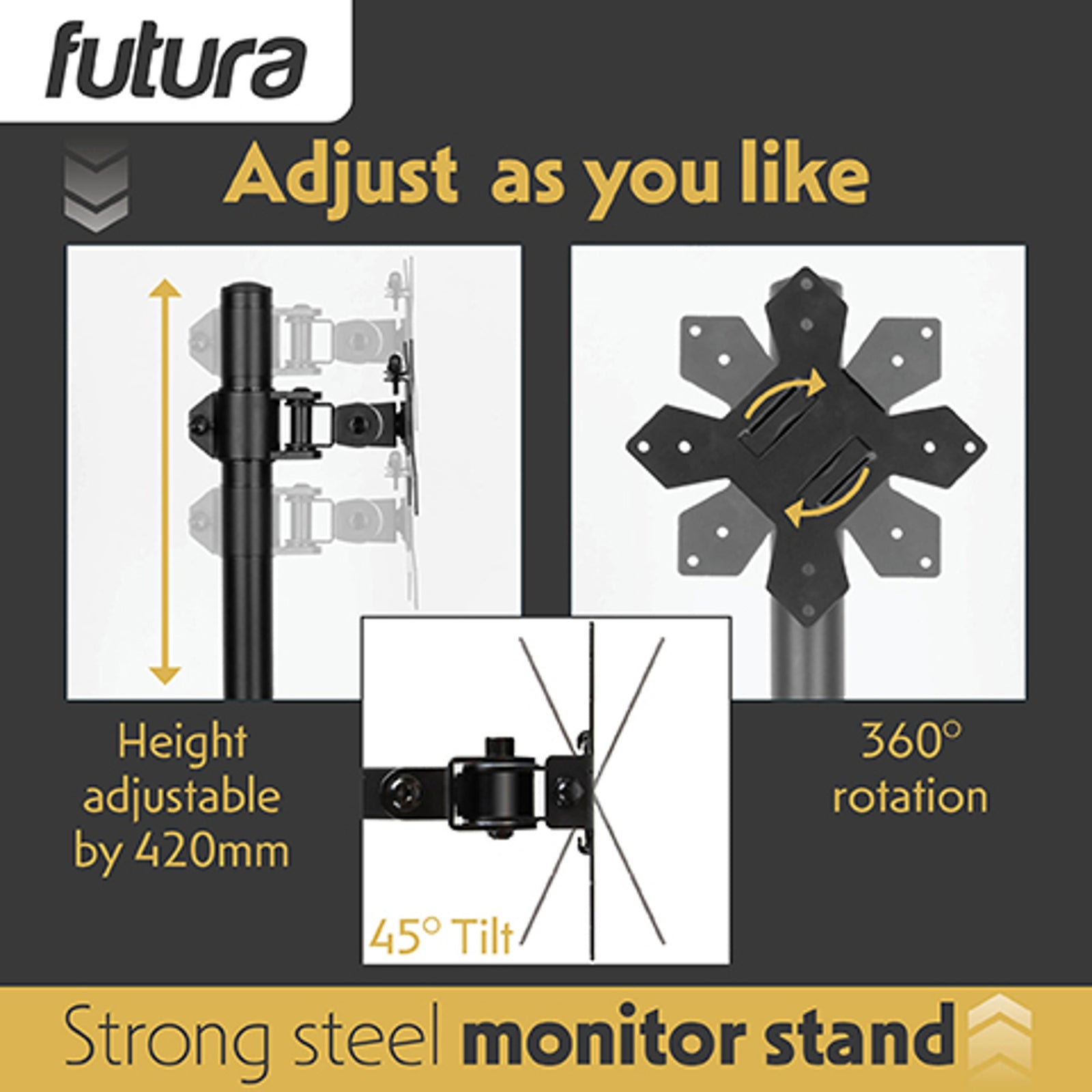 Futura Futura Single Monitor Stand 13 To 32 Inch Height Adjustable Clamp Mount Supports 8kg