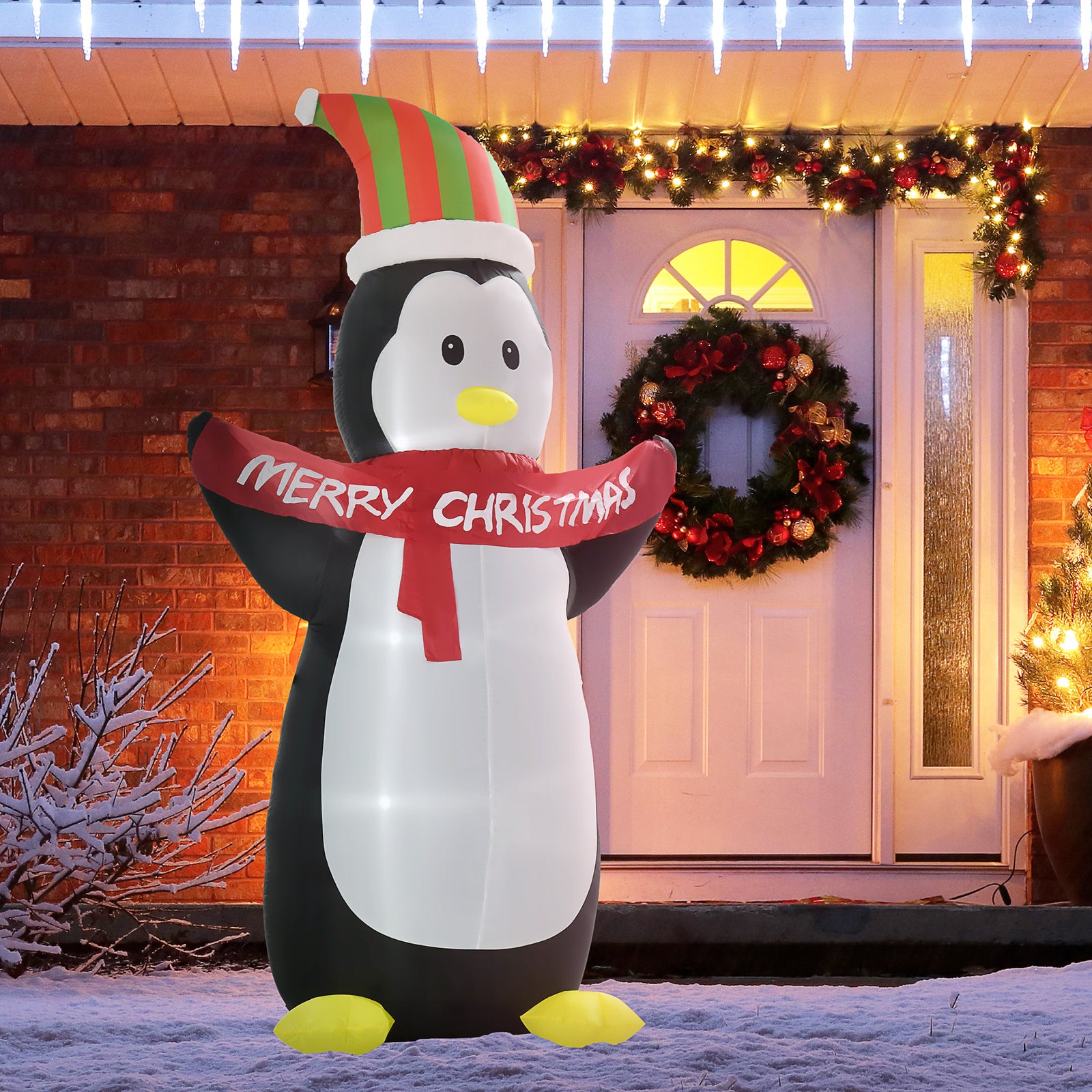 8ft Inflatable Penguin & Christmas Banner Decor Inner Led