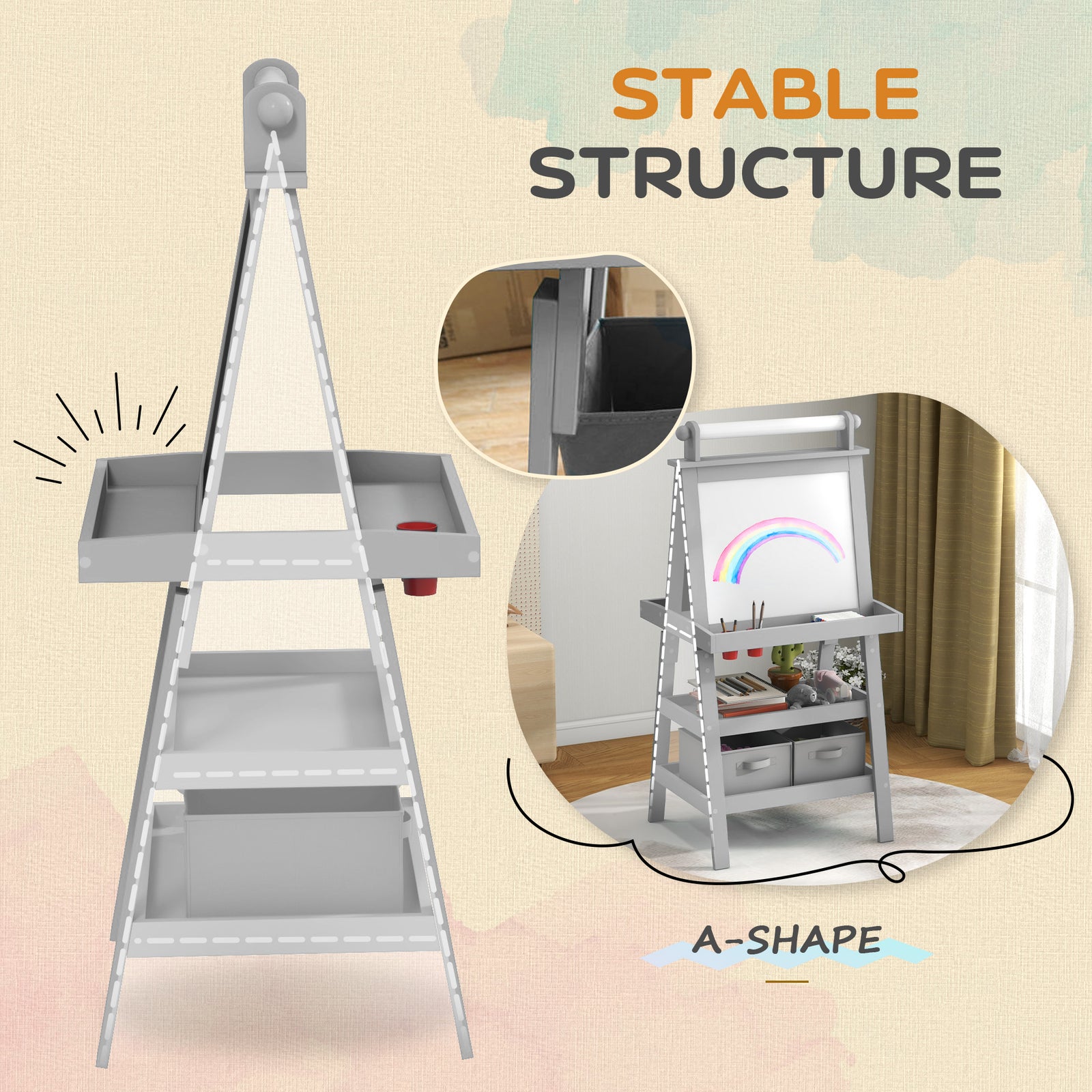 Double-sided Art Easel For Kids W/ Paper Roll, Storage Baskets | Grey