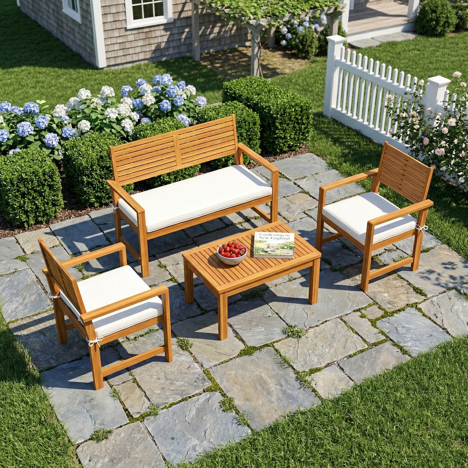 4 Seater Wooden Garden Furniture Set With Loveseat, Chairs, Table | White