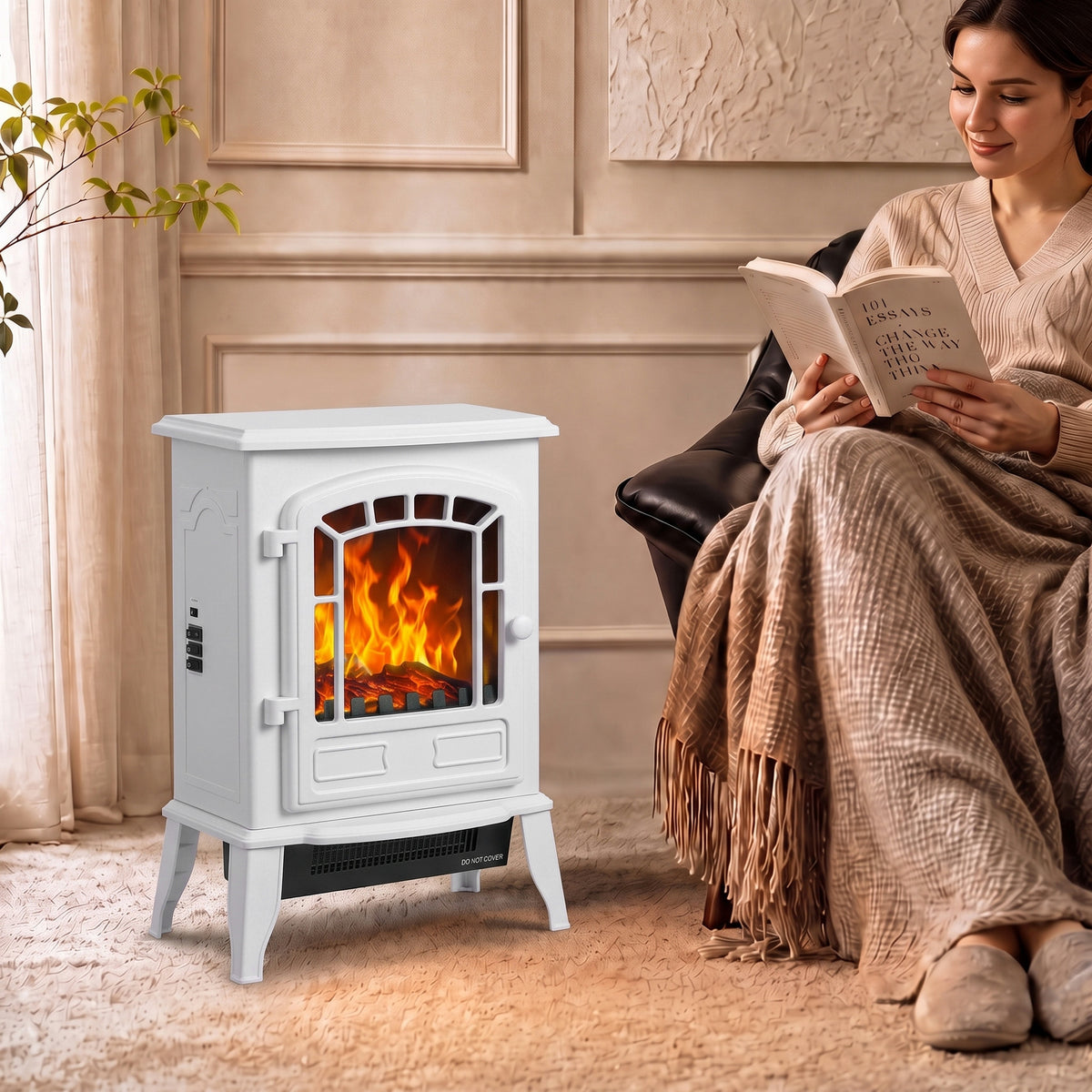 Freestanding Electric Fireplace Stove With Led Flame, 2000w | White