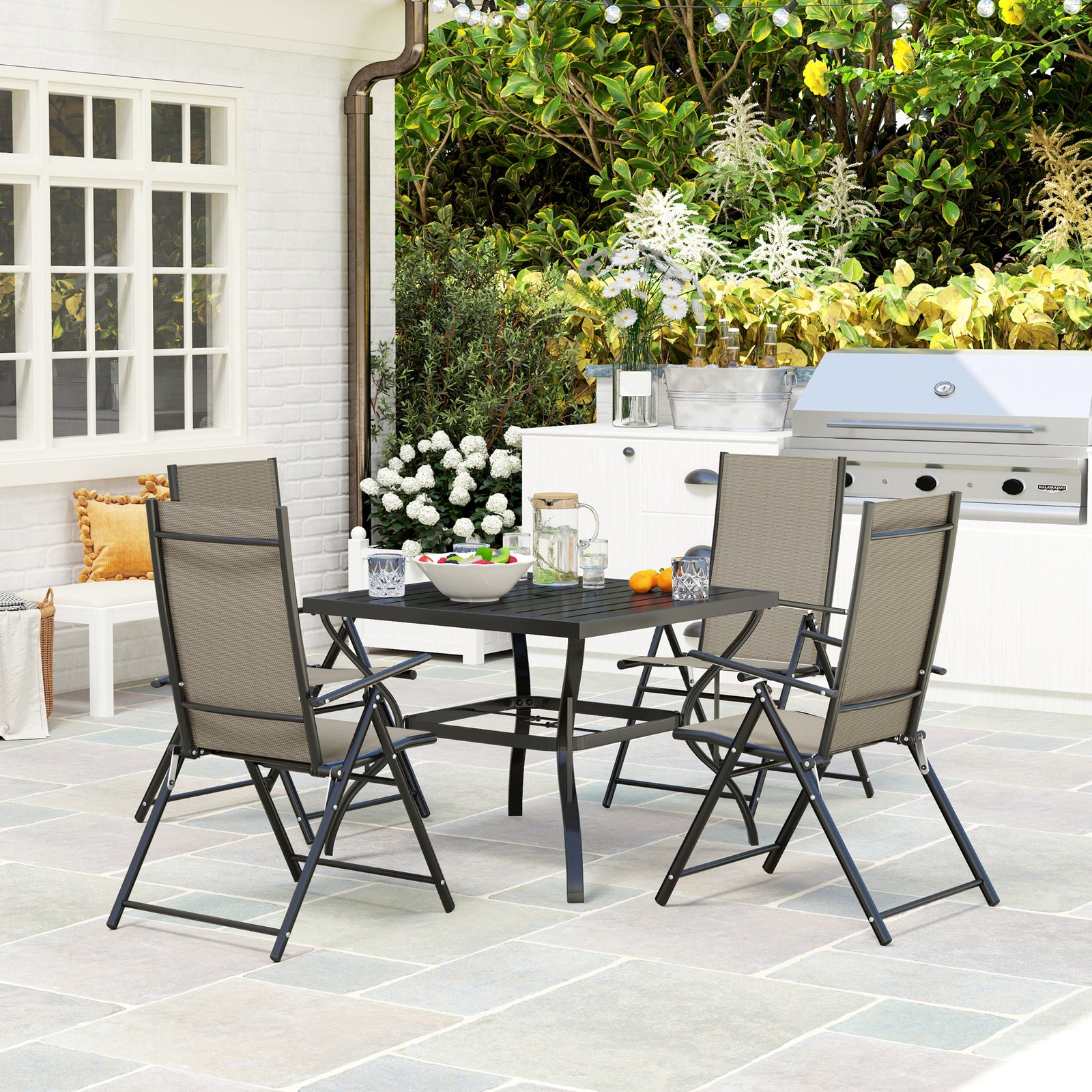 5 Pcs Garden Dining Set, Folding Chairs And Metal Top Table | Khaki