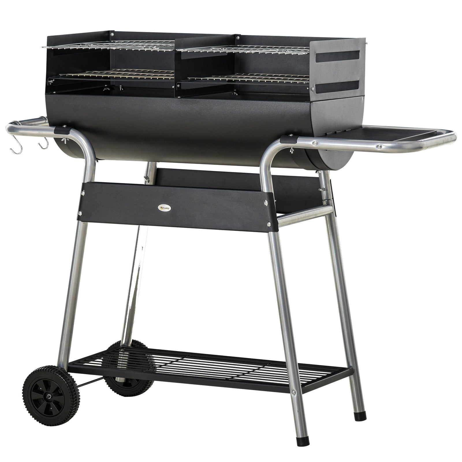 Charcoal Grill Trolley, Double Grill, Side Table | Black