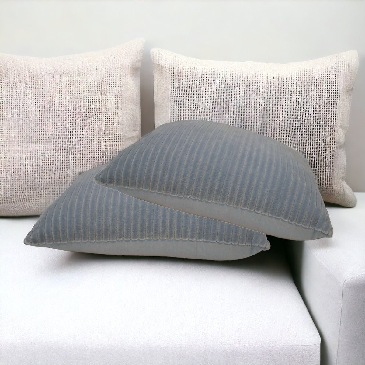 Ribbed Cushion Set, Velvet Fabric | Set of 2 | Grey