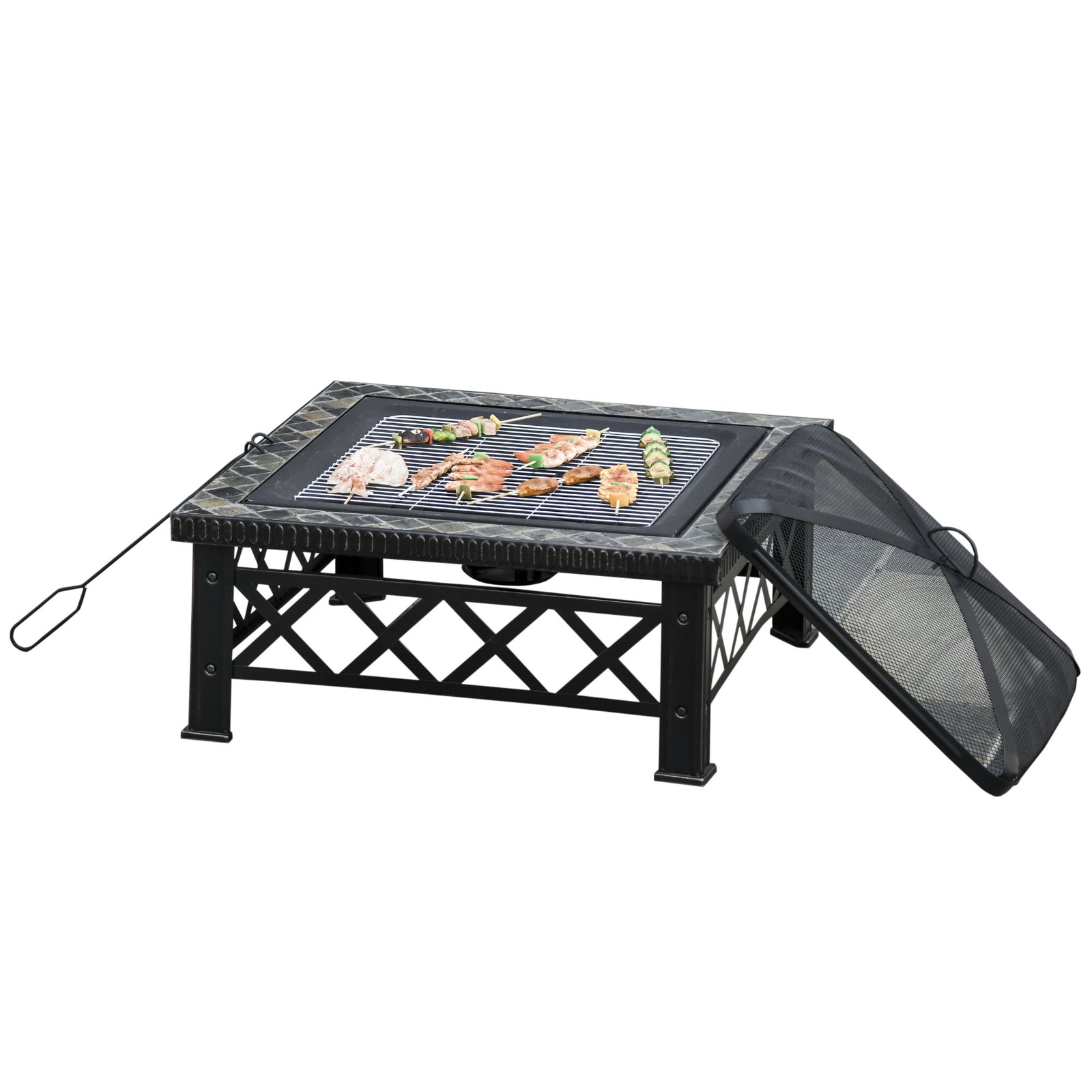 Square Fire Pit Table W/ Grill Shelf, 76cm