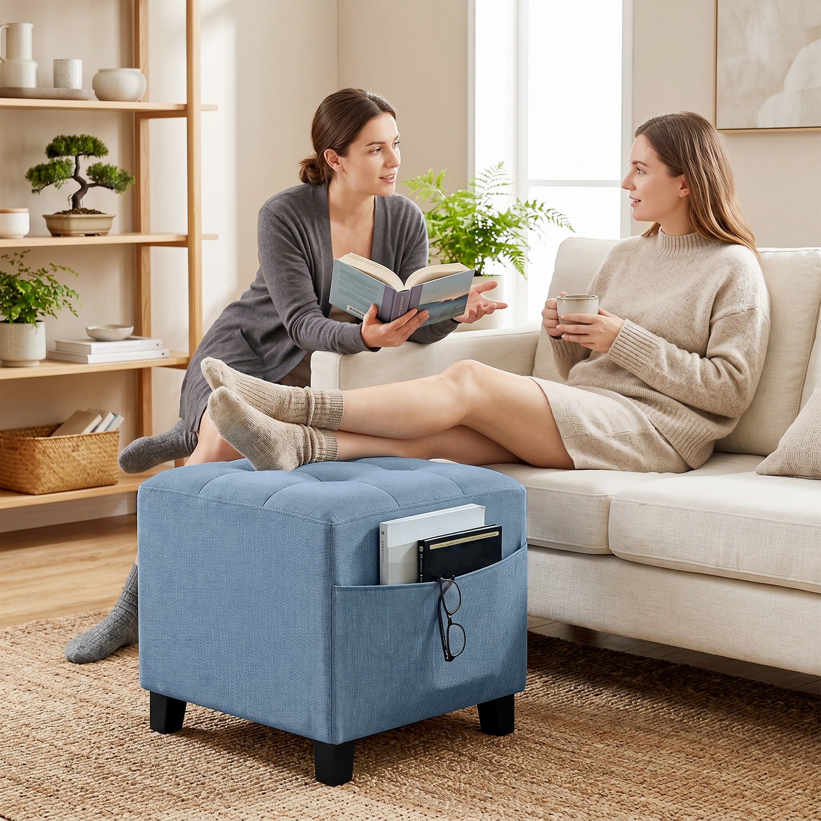 Small Ottoman With Side Pocket Living Room | Dark Blue