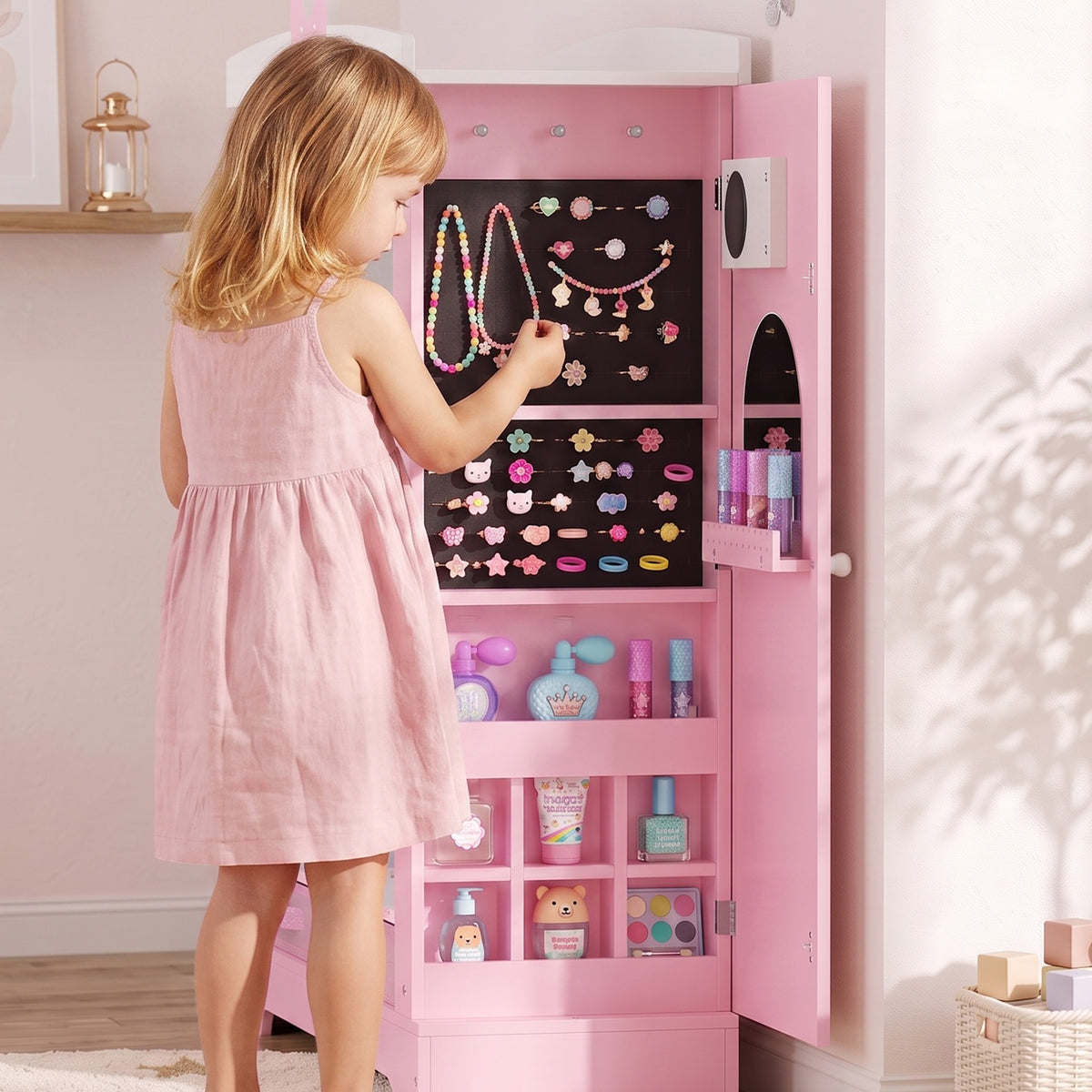 AIYAPLAY Kids Wardrobe, Children Dress Up Storage With Lighted Mirror, Pink