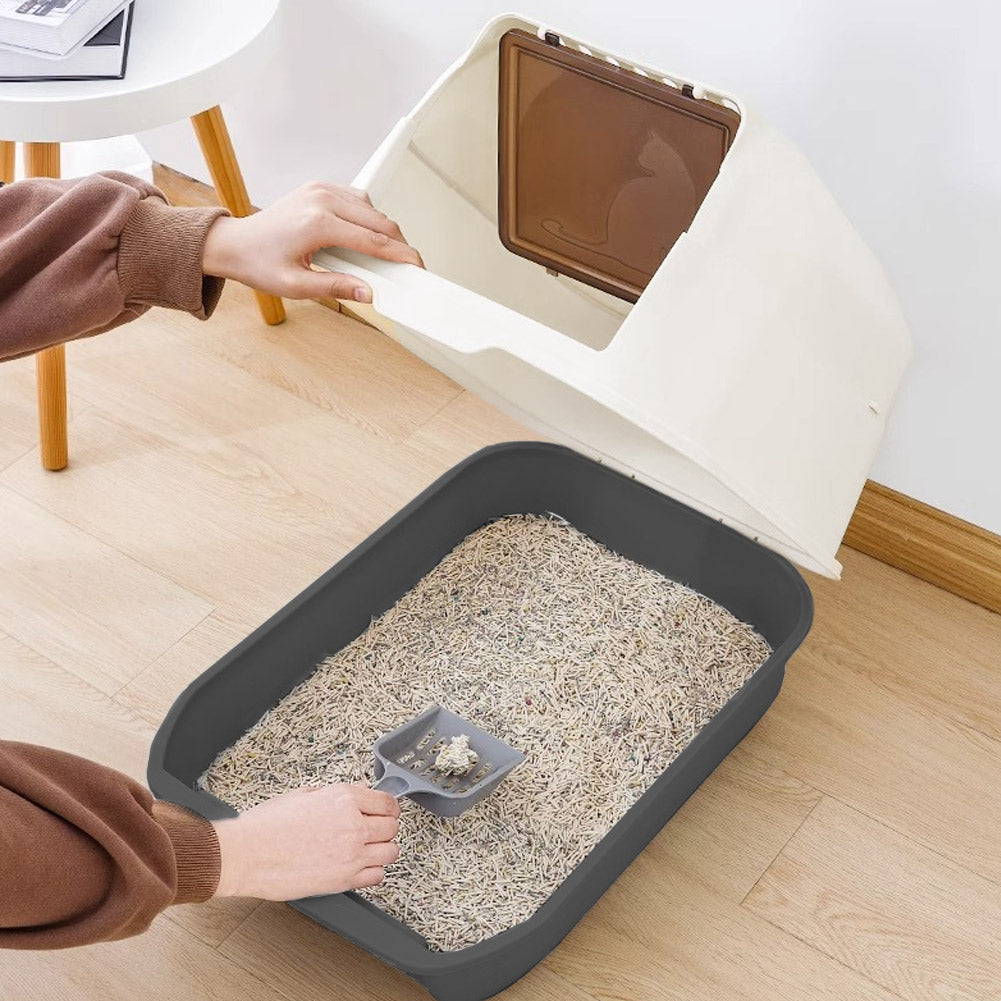 Large Hooded Top Entry Cat Litter Box With Scoop | Black