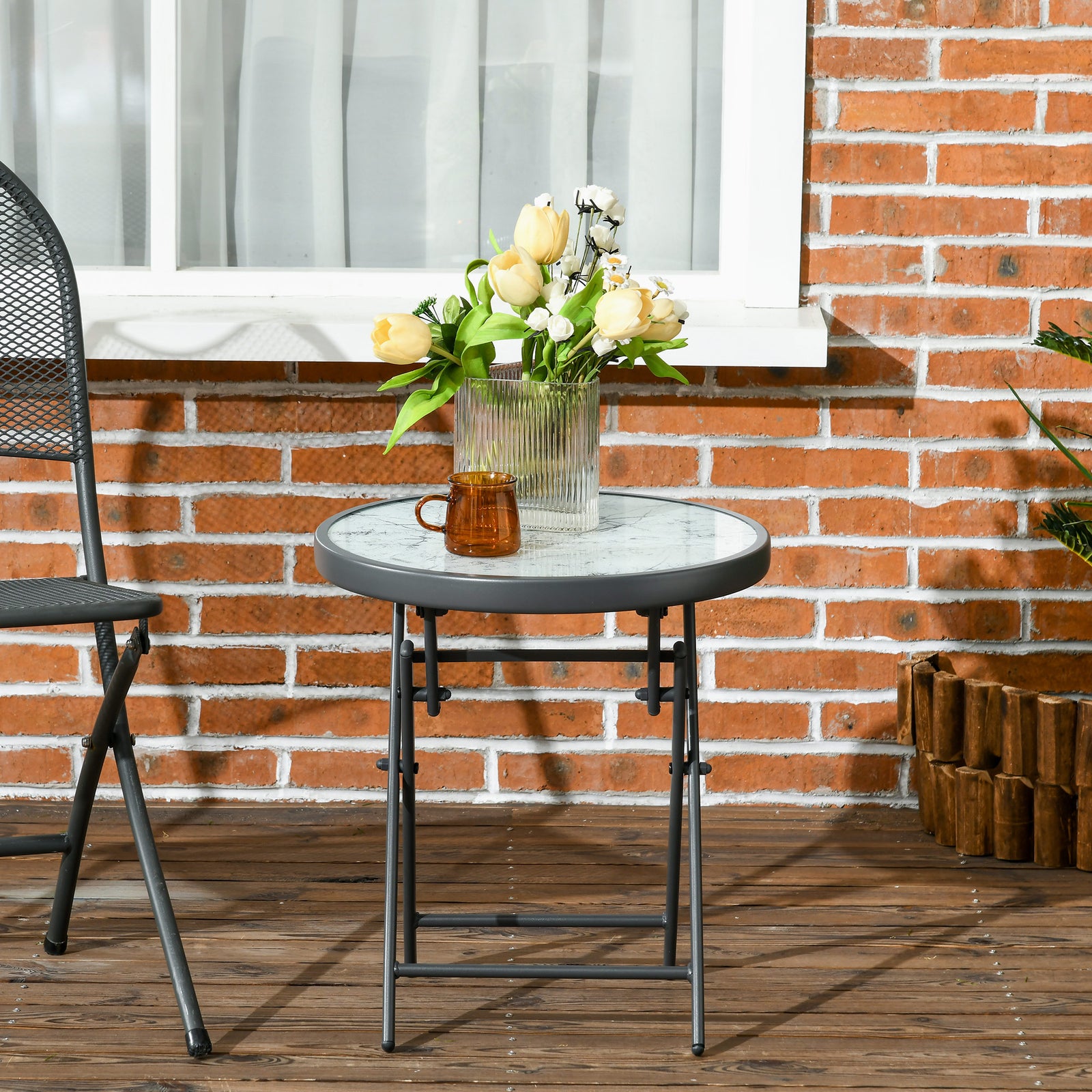 Round Folding Side Table With Imitation Marble Top | Antique White