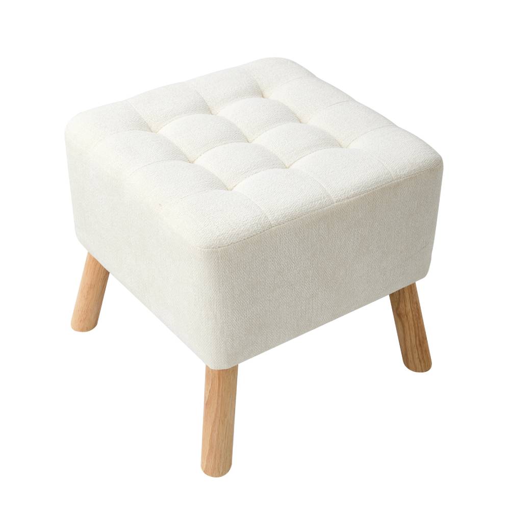 Tufted Upholstered Footstool With Wooden Legs, Modern Accent Ottoman | White