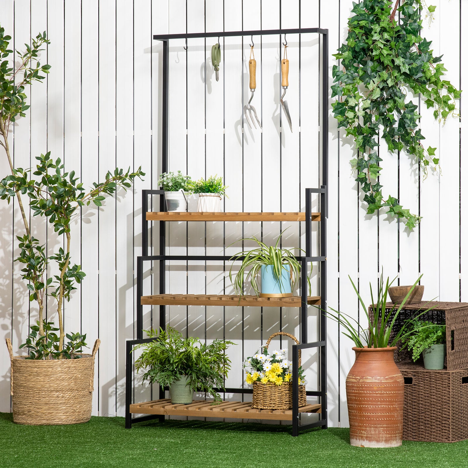 3 Tiered Plant Stand Rack With Hanging Hooks Indoor Outdoor