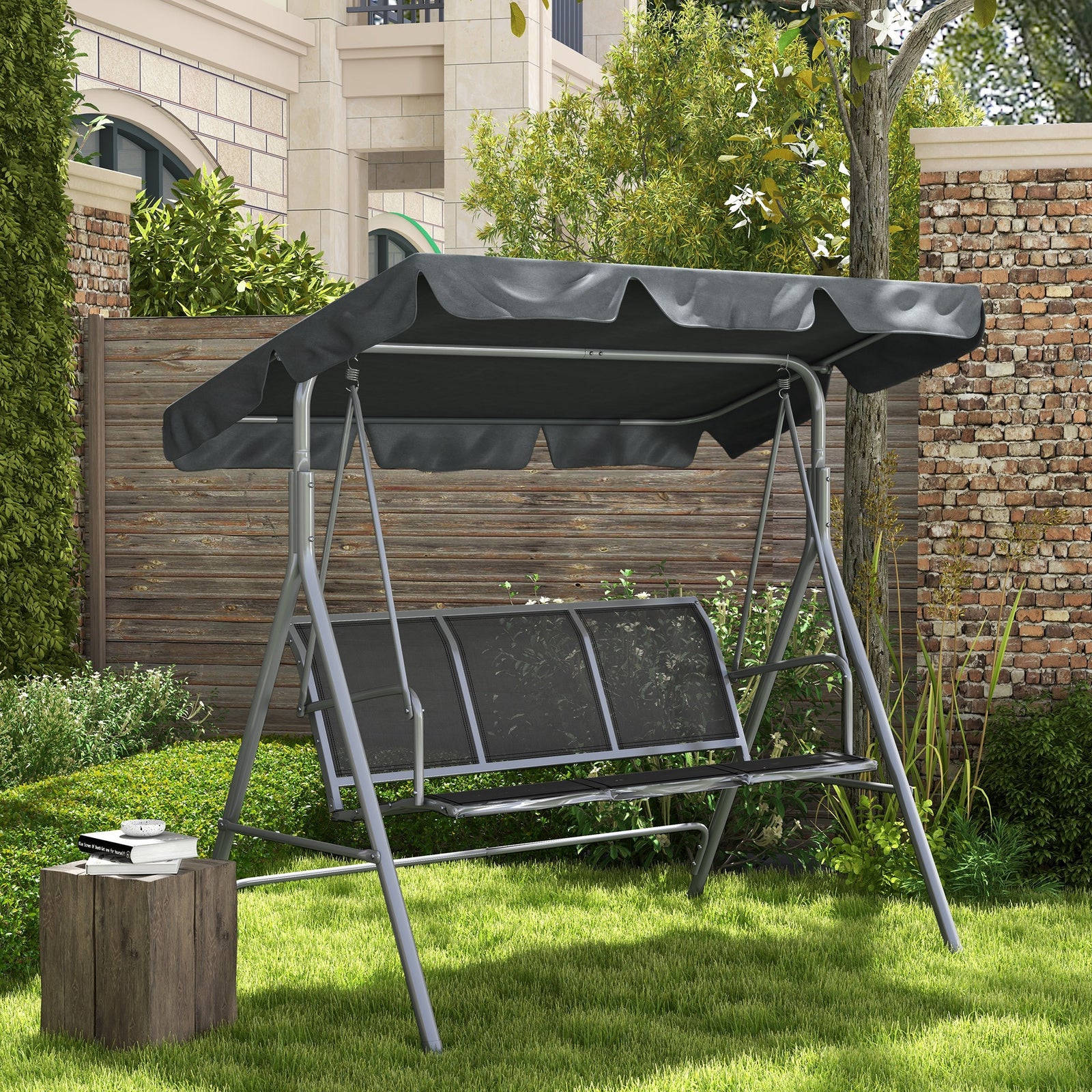3 Seater Metal Swing Chair Patio Bench With Canopy Dark Grey