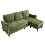 Green Polyester 3-seater Sofa With Ottoman – Vintage Metal Rivets, Cup Holders & Side Pockets, Wood & Iron Frame