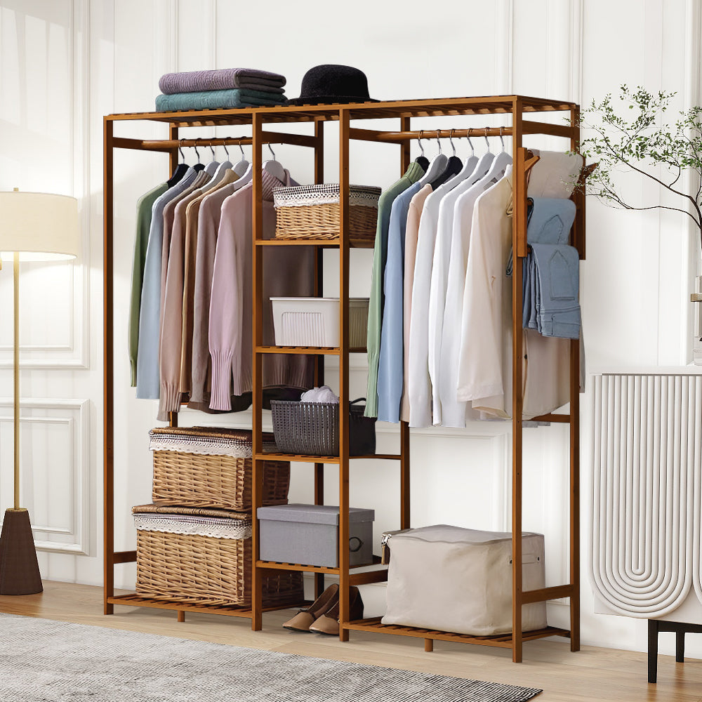 Wooden Garment Rack With Side Hooks Multi-functional Freestanding Clothes Organizer | Large | Brown