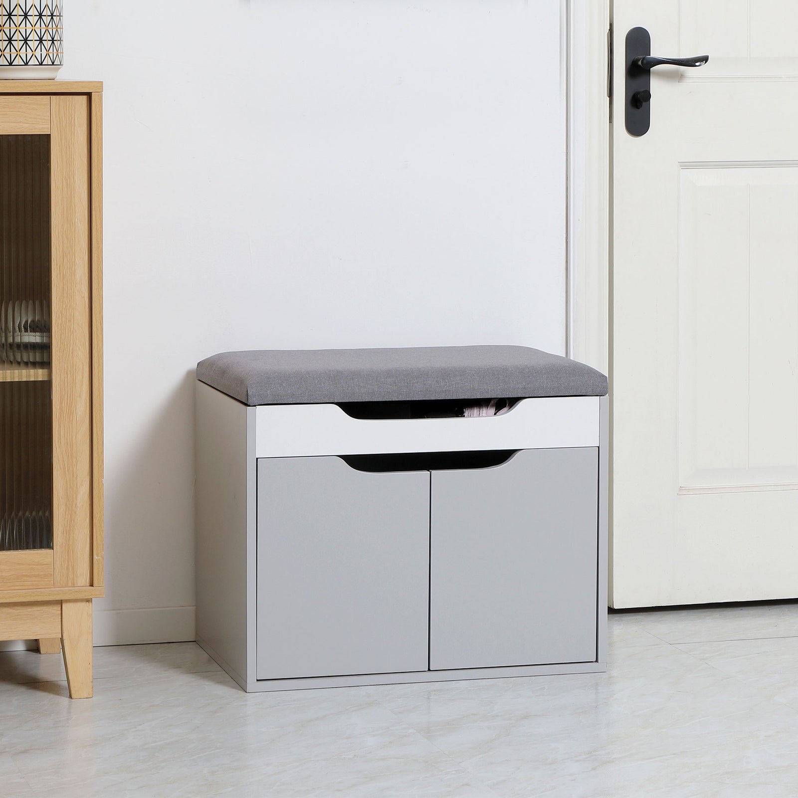 Upholstered Entryway Shoe Bench W/ Storage Cabinet
