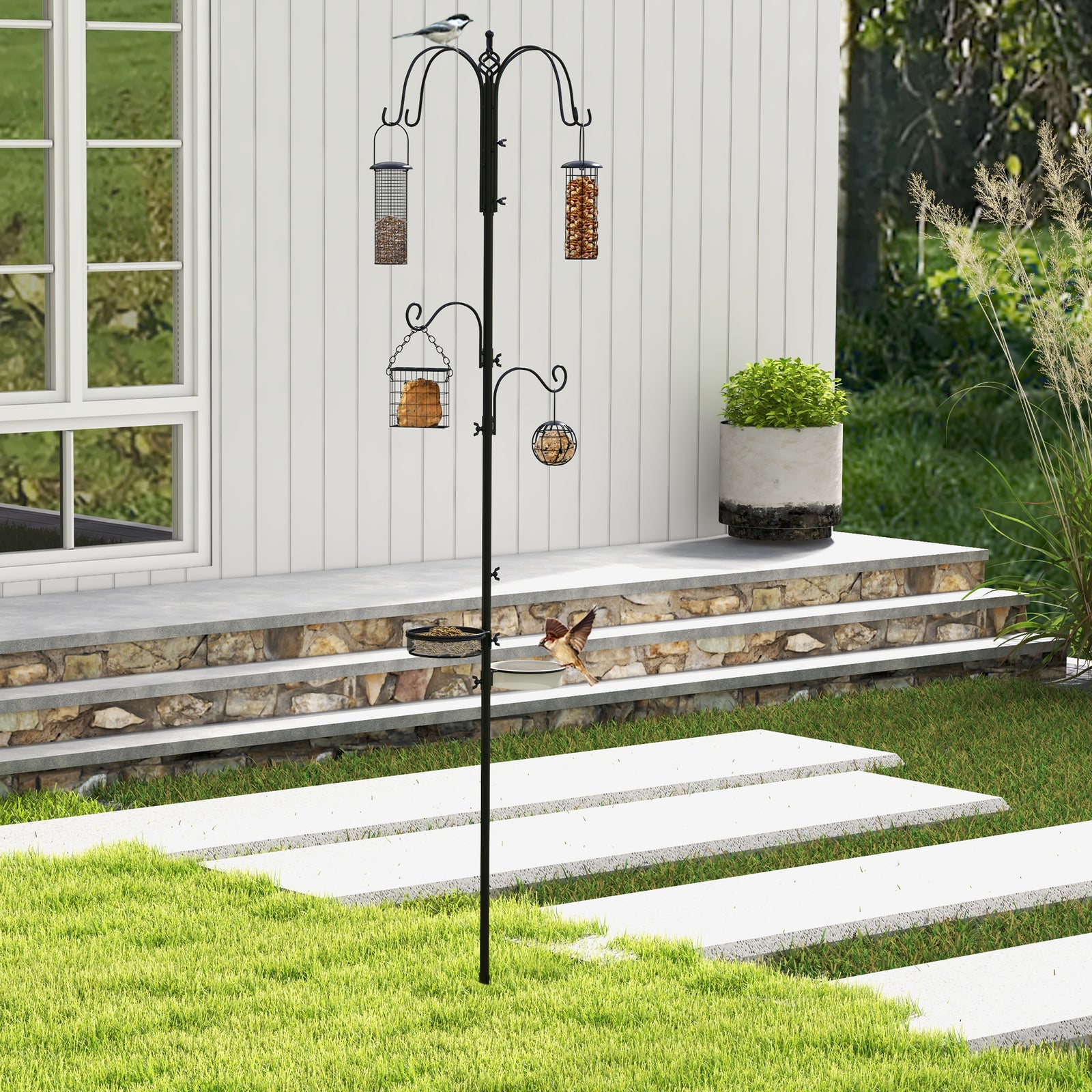 Pawhut Bird Feeding Station Kit Wild Bird Feeder Pole W/ 6 Hooks 4 Prong Bases
