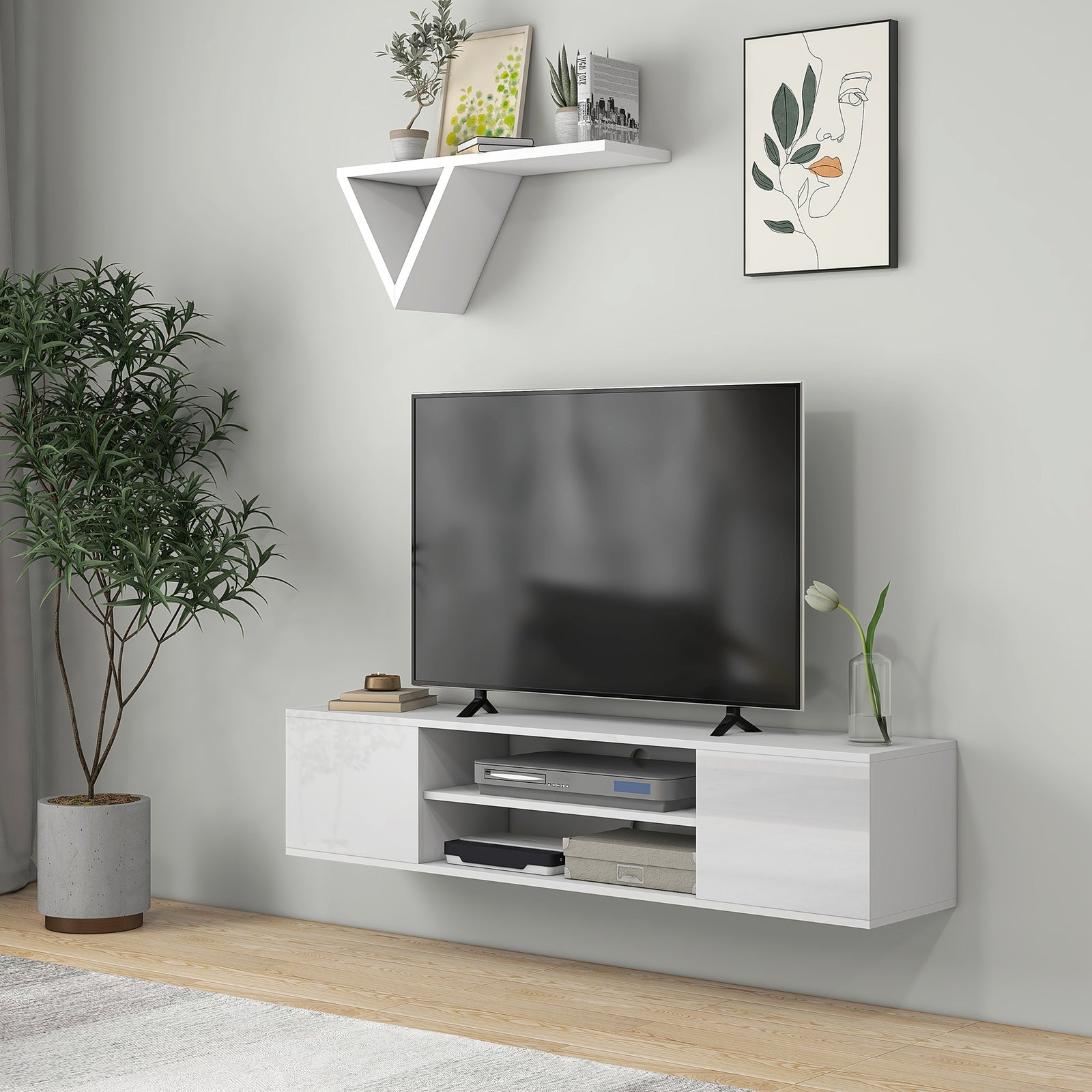 Floating Tv Unit For 60" With Shelves Cabinets | White