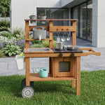 AIYAPLAY Wooden Mud Kitchen With Wheels, Stove, Stainless Steel Accessories