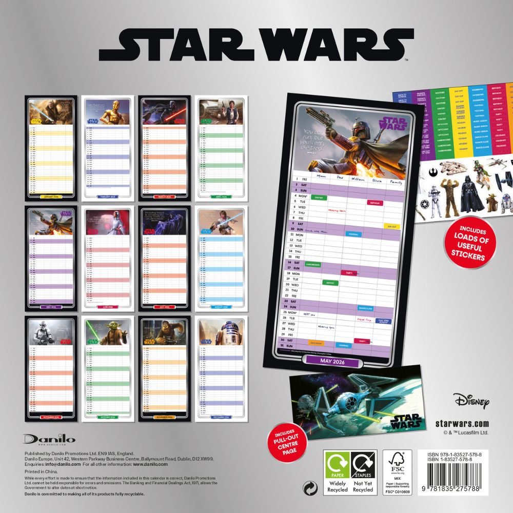 Star Wars Classic 2026 Family Organiser Calendar (with Stickers) Official Product