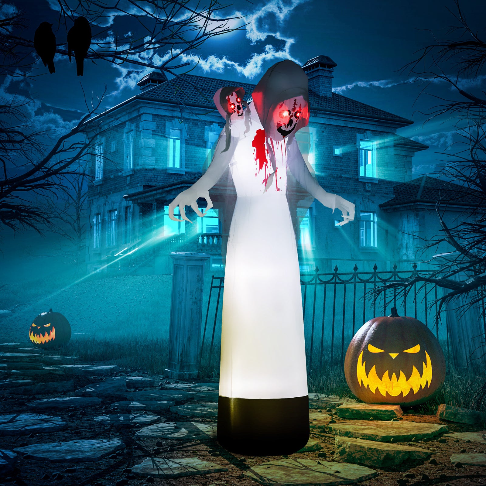8.9ft Tall Halloween Inflatable Three-head Witch Ghost Decoration