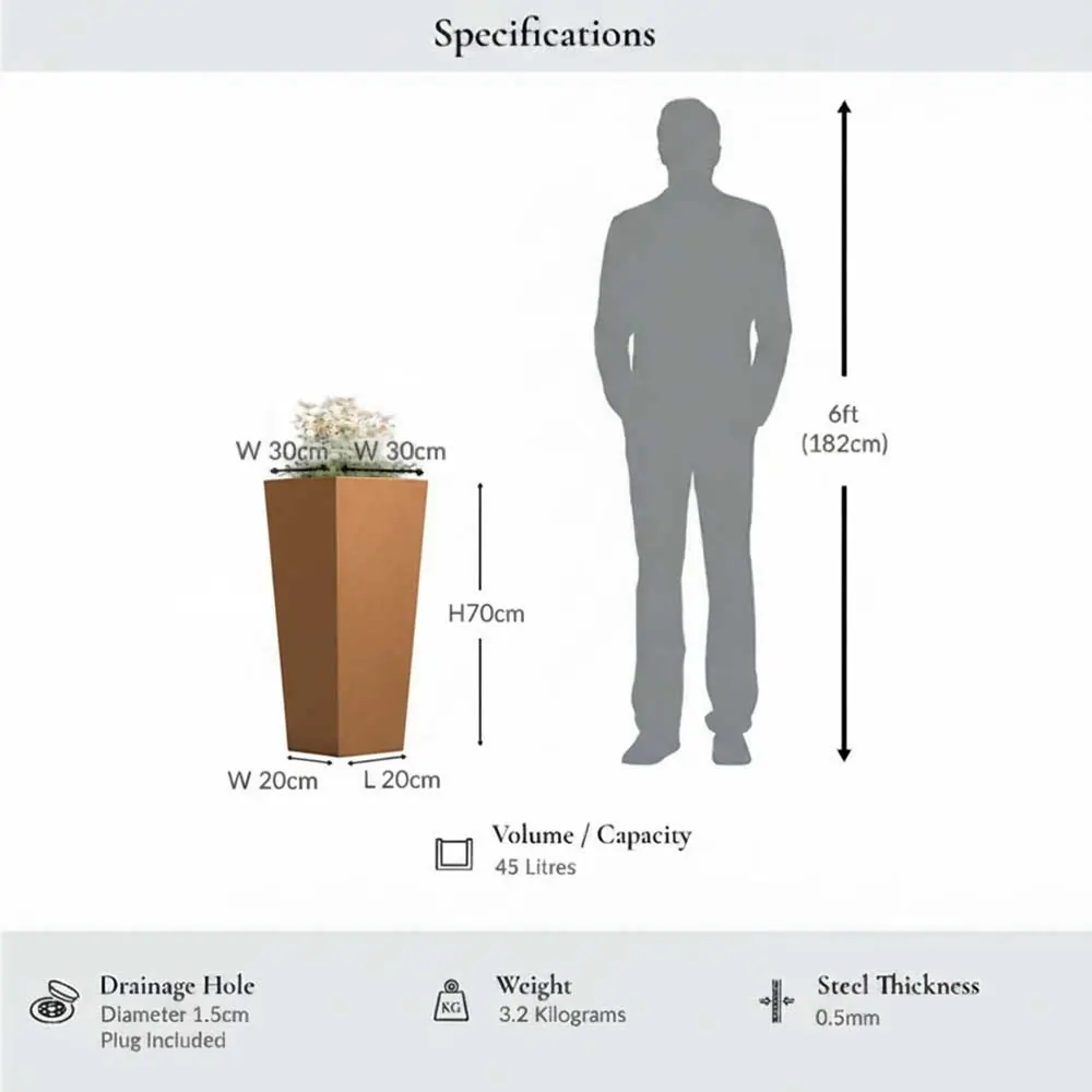 Zinc Galvanised Tall Flared Tapered Square Planter | 30cm x 30cm x 70cm | Copper