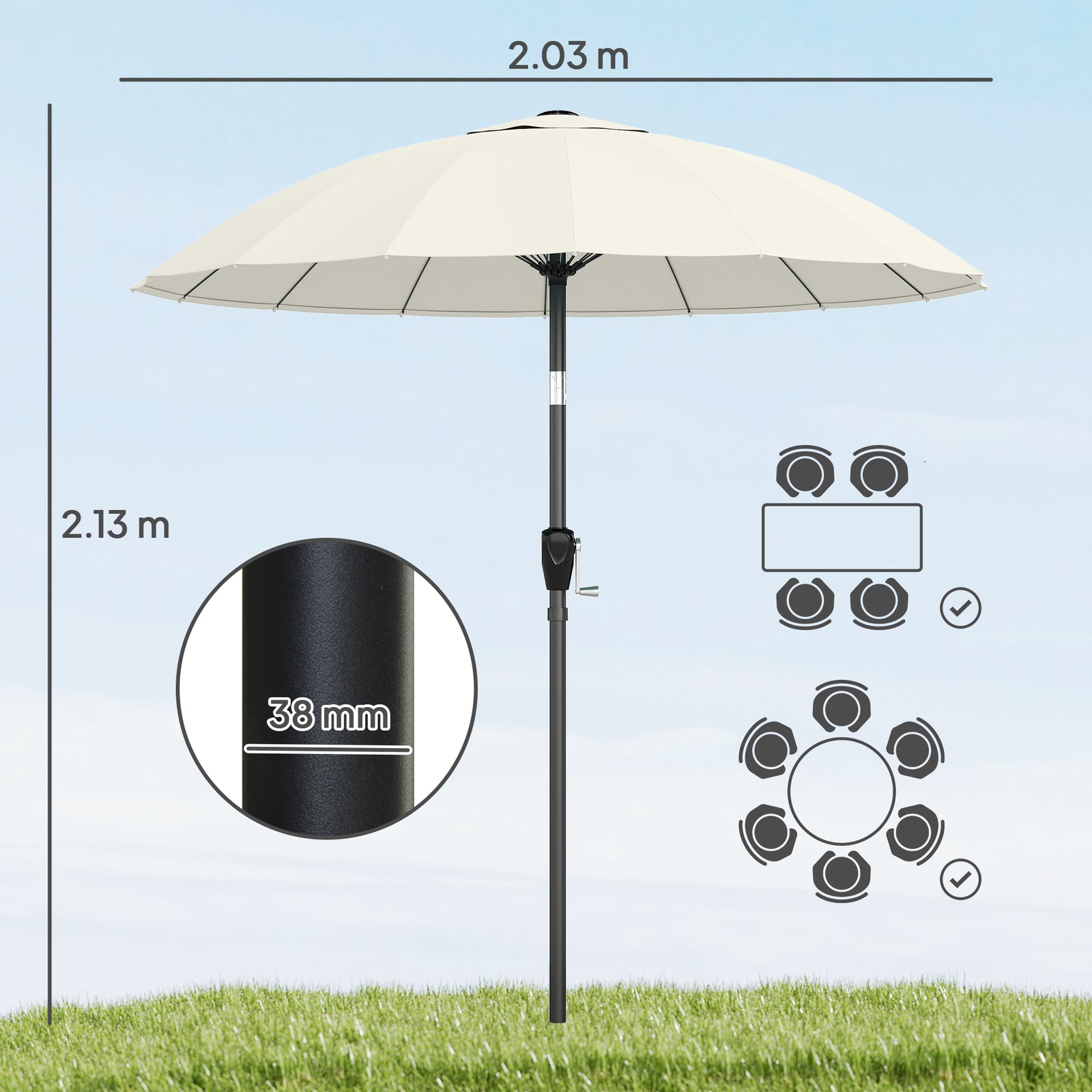 2m Shanghai Garden Parasol Umbrella, Outdoor Sun Shade | Cream