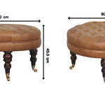 Artisan Furniture Solid Wood Brown Buffalo Leather Round Ottoman With Castor Legs, Upholstered