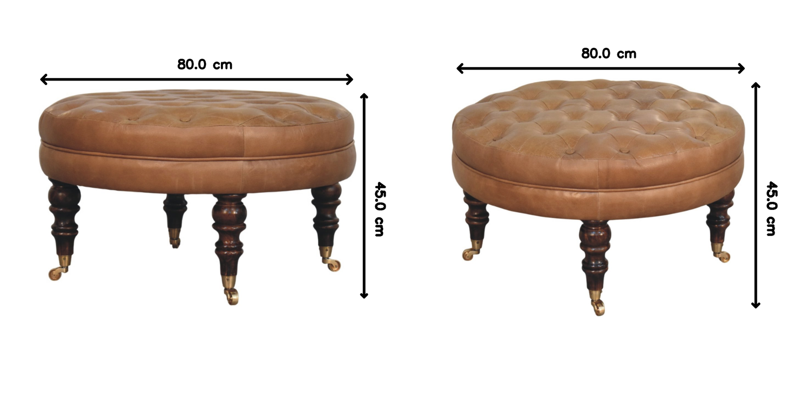 Artisan Furniture Solid Wood Brown Buffalo Leather Round Ottoman With Castor Legs, Upholstered