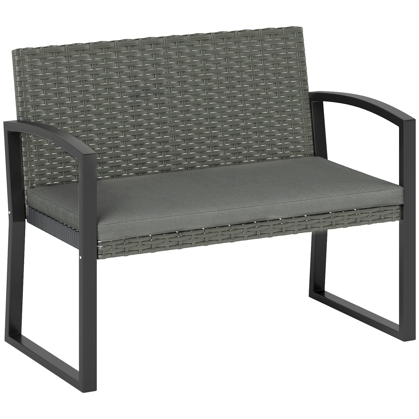 2 Seater Rattan Garden Bench With Cushion, Steel Frame | Dark Gray