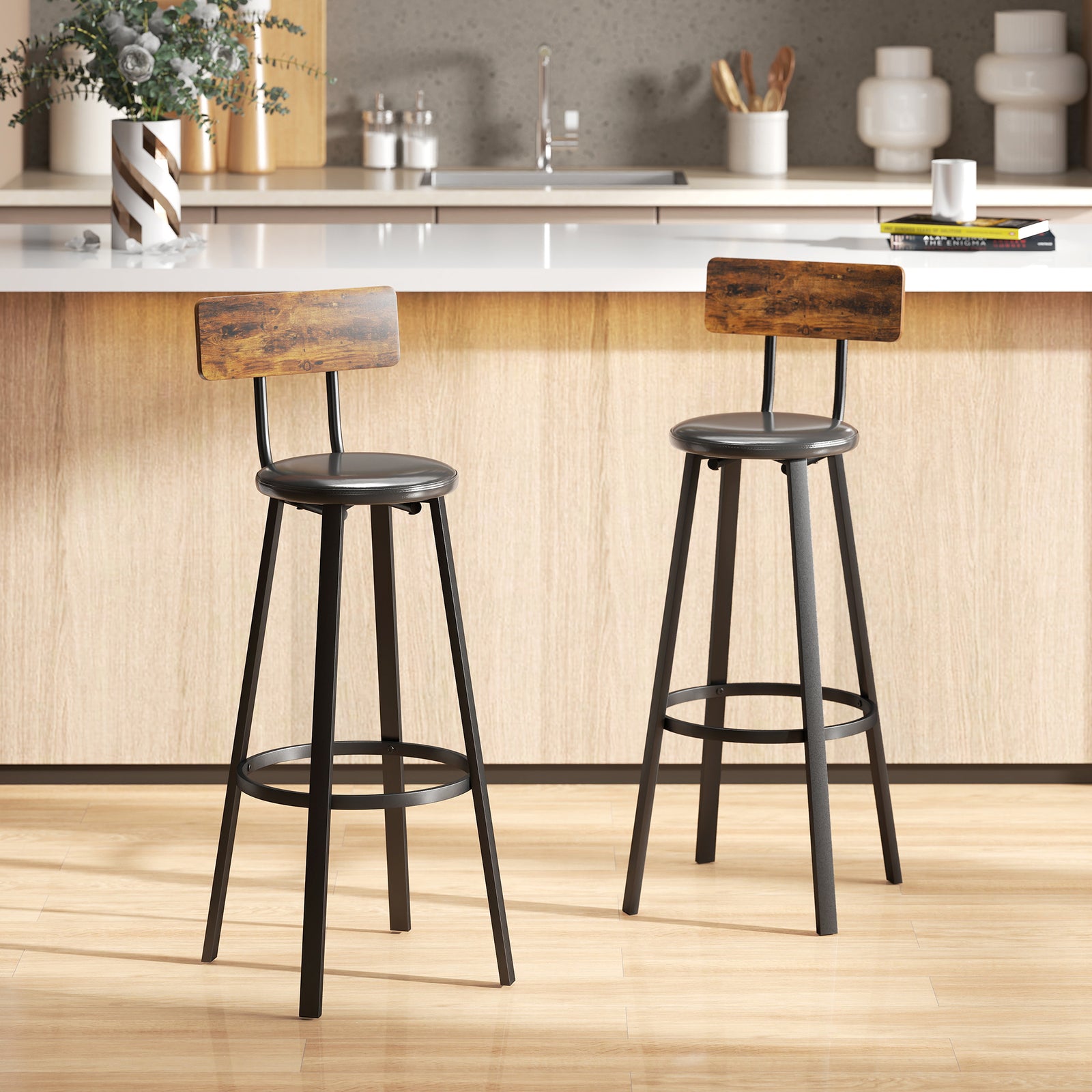 Barstools Set Of 2 With Padded Seat Backrest Rustic Brown Black