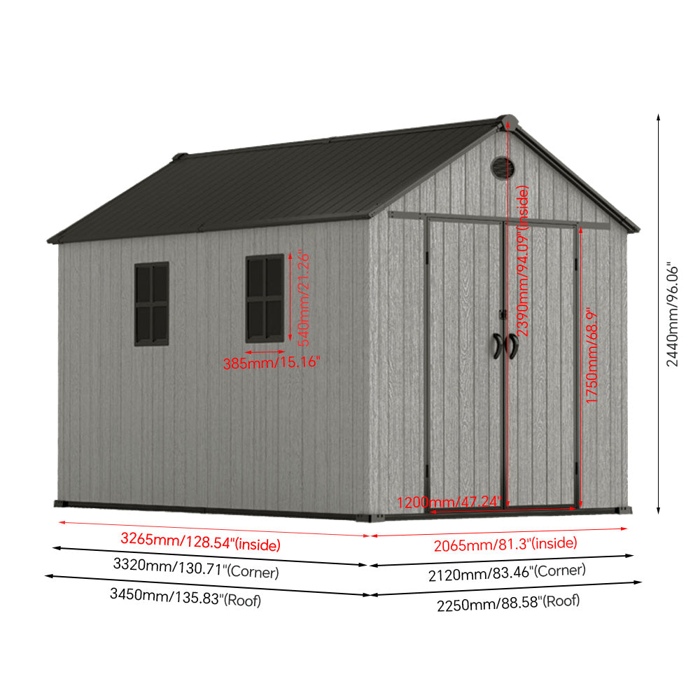 7.38 × 11.32 Ft Garden Tool Shed With Apex Roof & Combination Lock – Heavy-duty Grey Wood Grain Outdoor Storage Shed With Floor,2 Window & Ventilation Panels