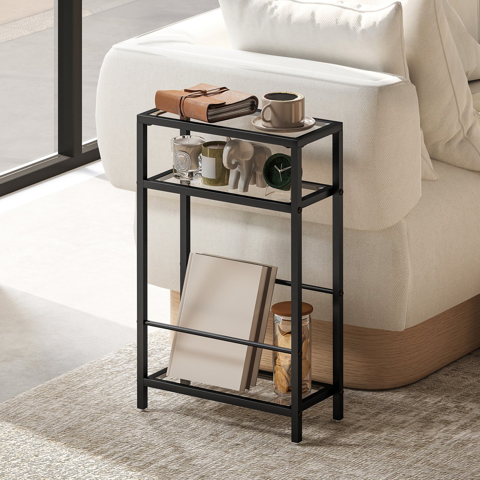 Slim Side Table, End Table With Tempered Glass Tabletop | Black