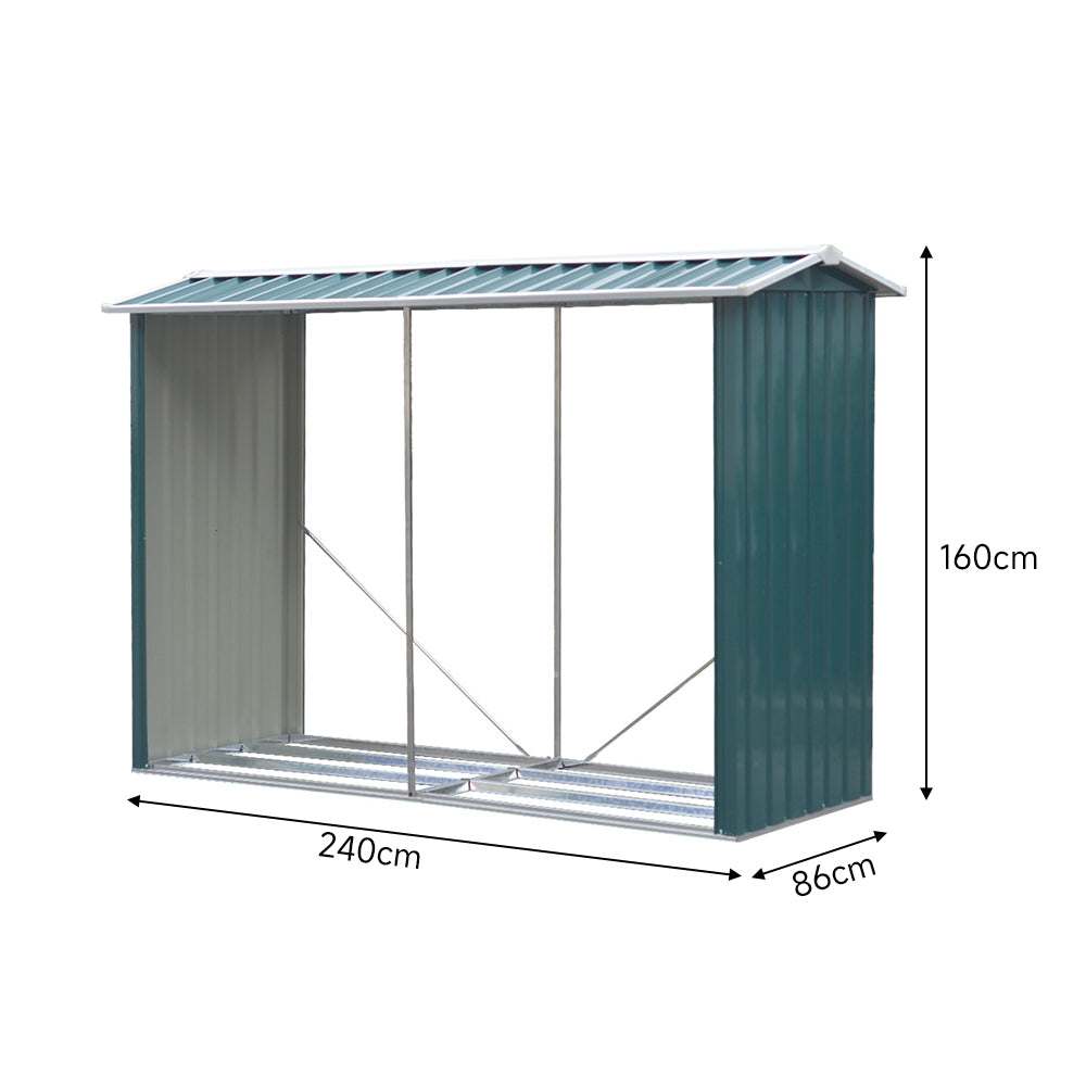 2.4m W Outdoor Garden Steel Log Storage Shed | Green