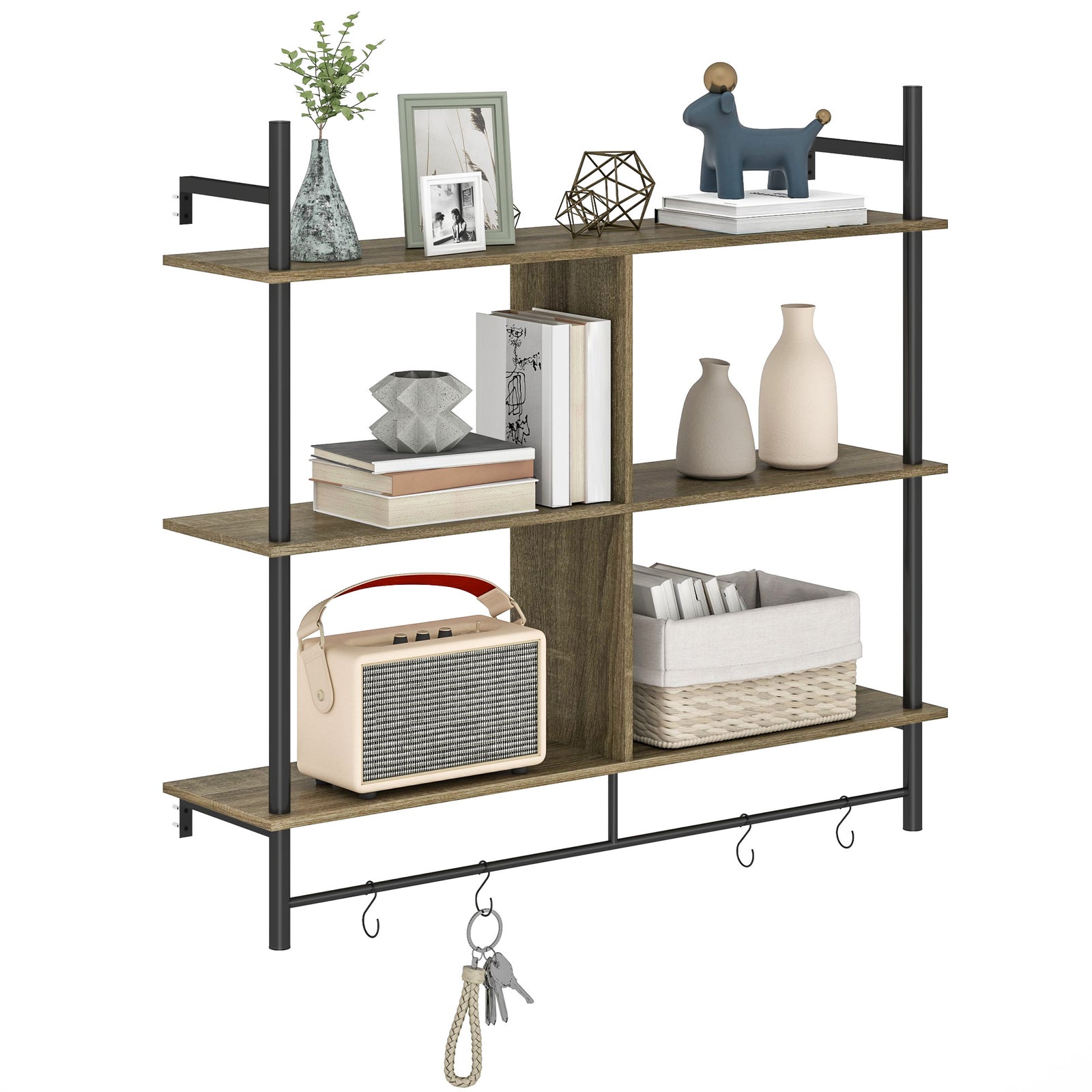 Wall Shelf Unit With 4 Hooks For Living Room | One Size
