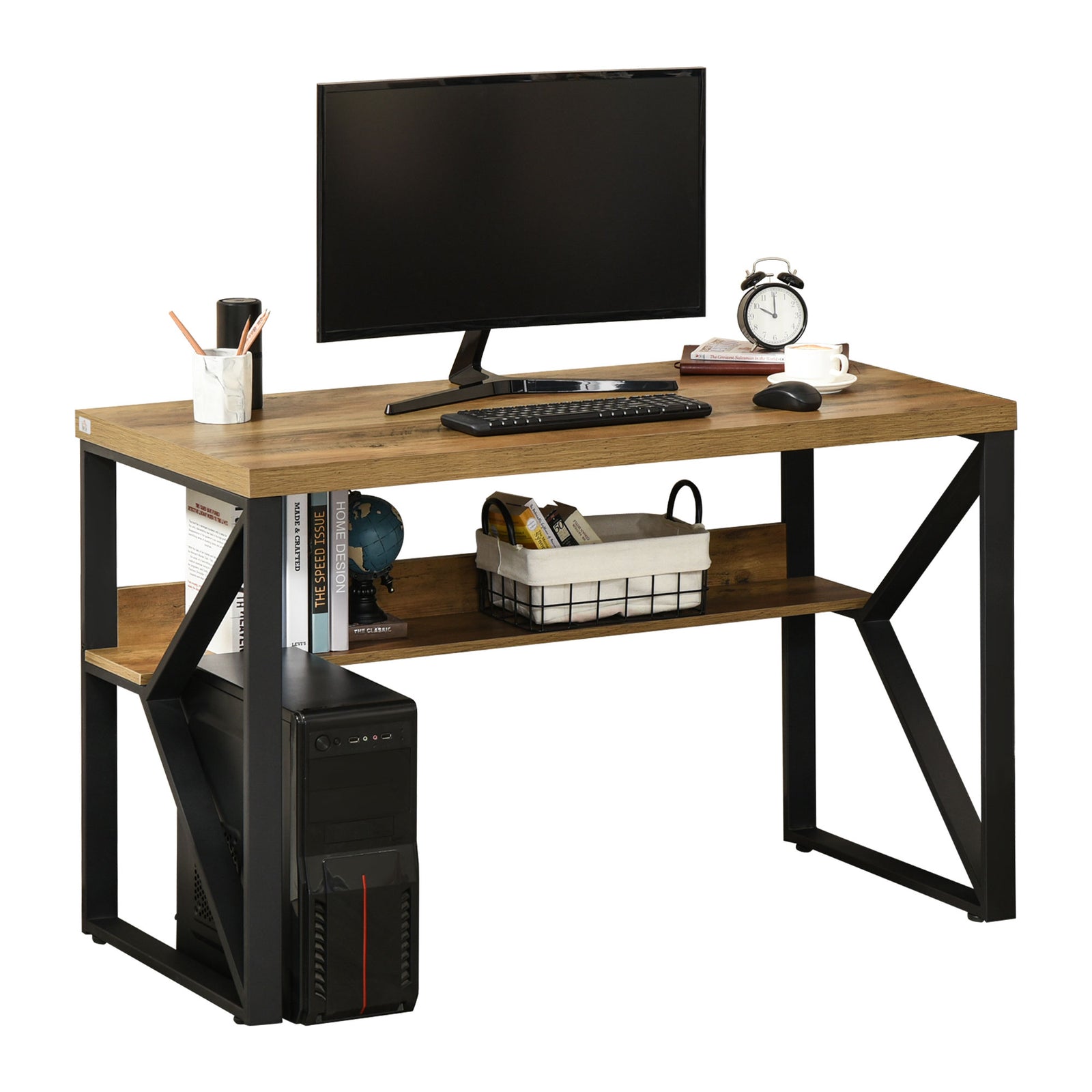 Workstation Desk With Storage Shelf, Brown
