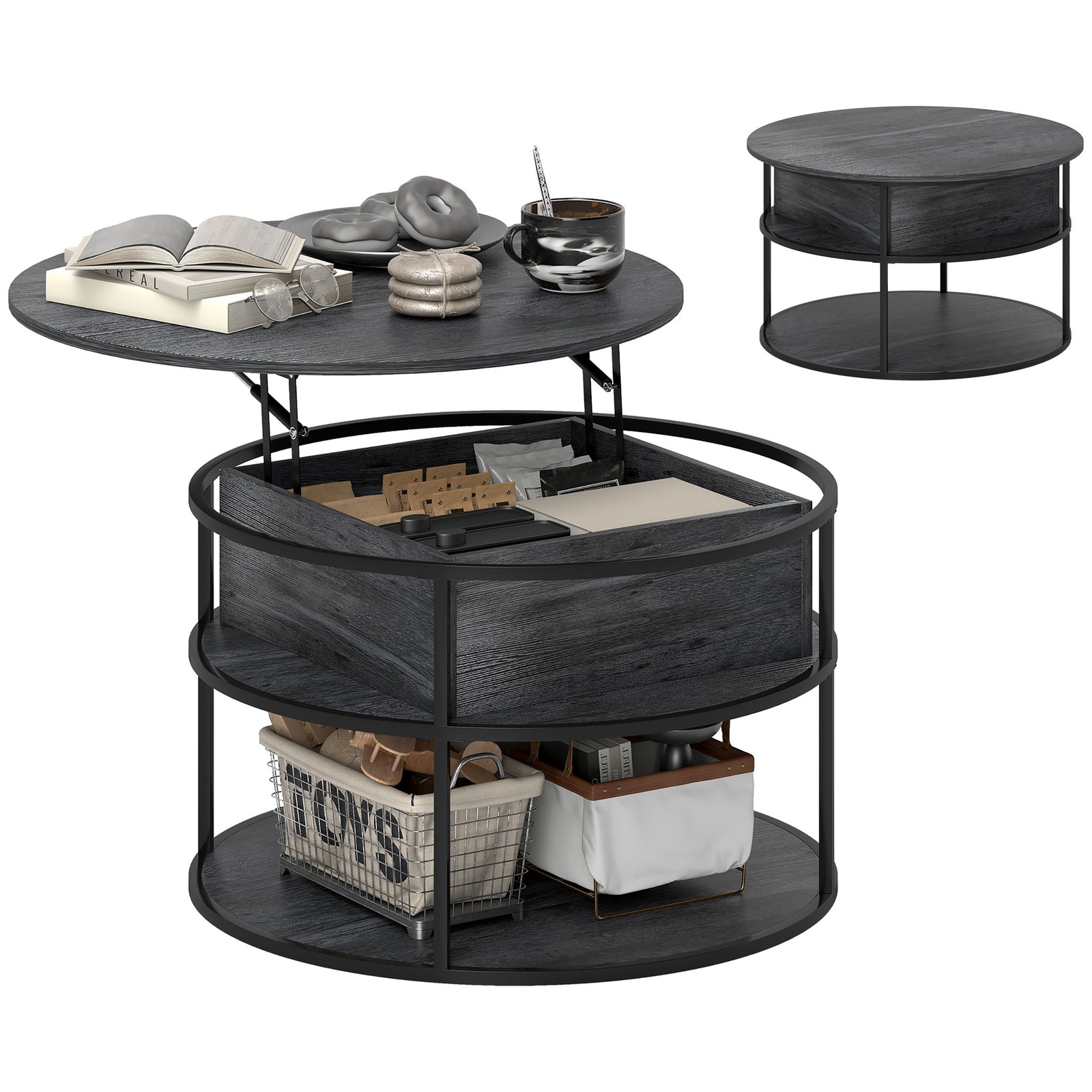 Lift Top Coffee Table, Round Coffee Table With Hidden Storage | Grey